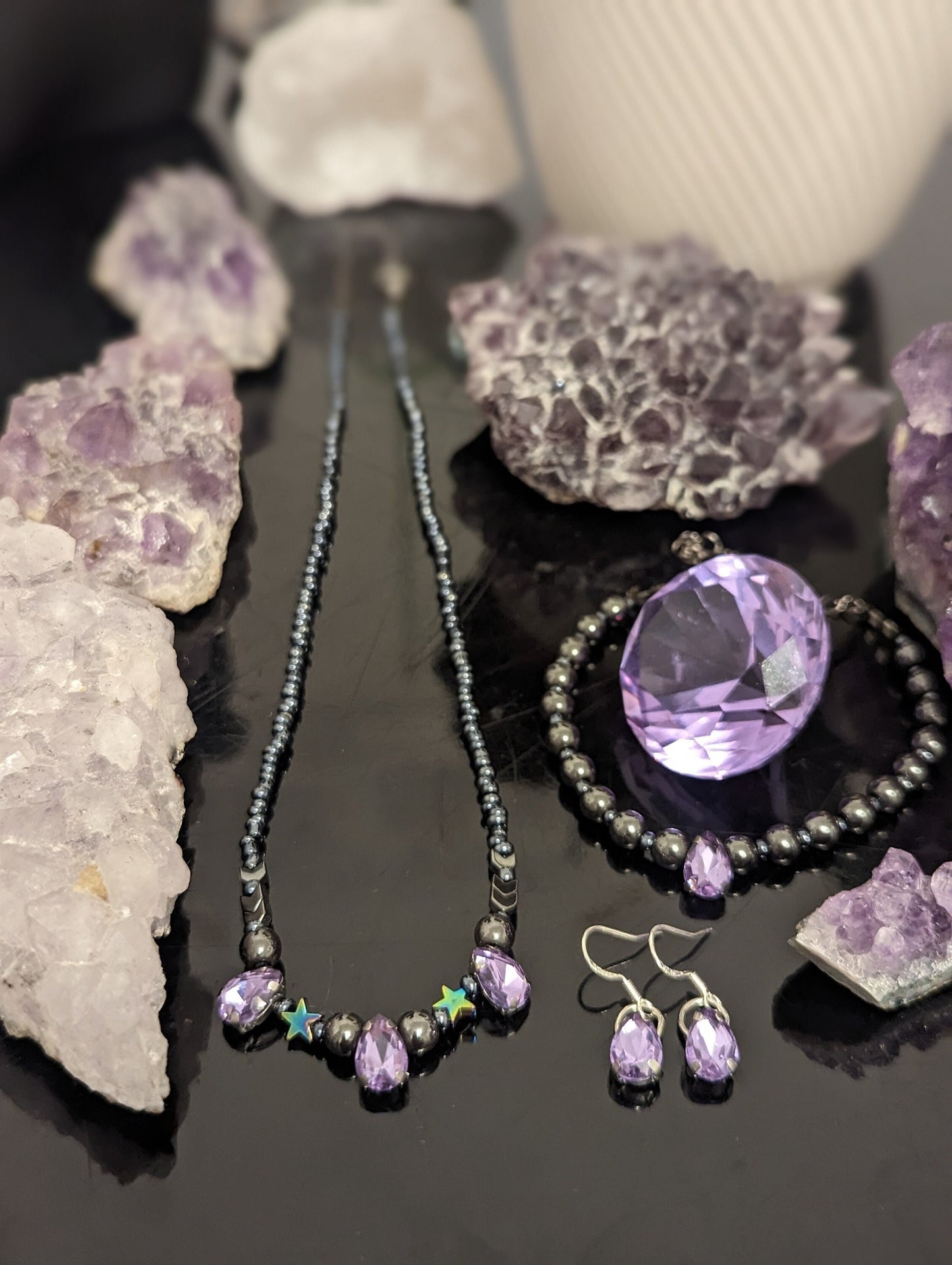 Purple Glass Drop Jewellery Set with 6 Purple Glass Stunning Pendants in Necklace, Earrings and Bracelet with Star and Hematite Styled Beads