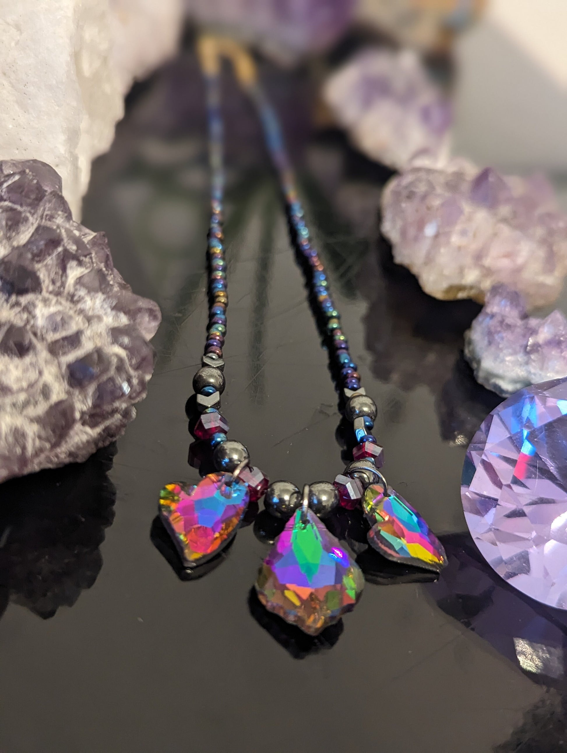 Purple Green Baroque and Two Heart Glass Pendants, Red and Multicoloured Glass Beads and Hematite Styled Beads