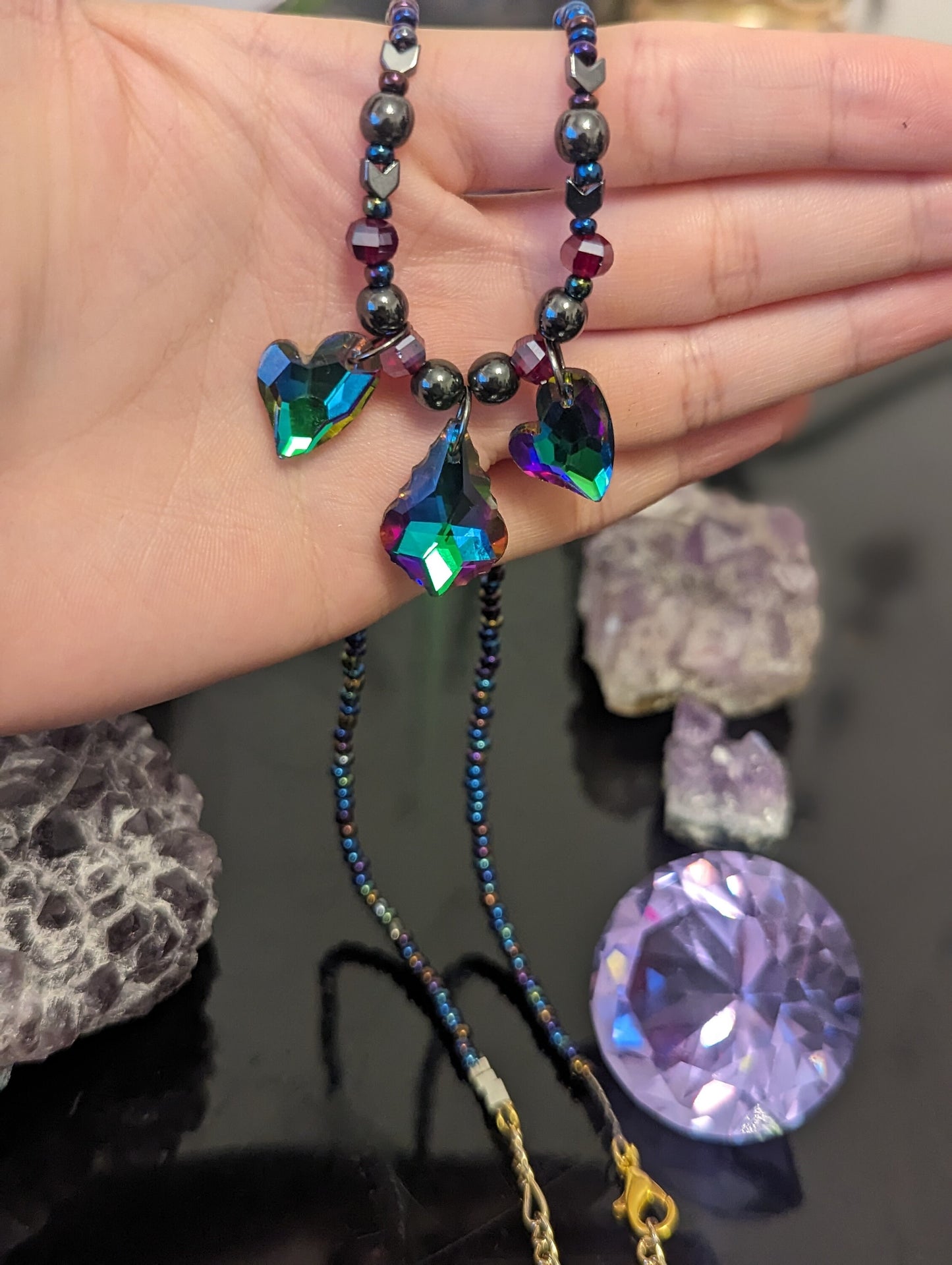 Purple Green Baroque and Two Heart Glass Pendants, Red and Multicoloured Glass Beads and Hematite Styled Beads