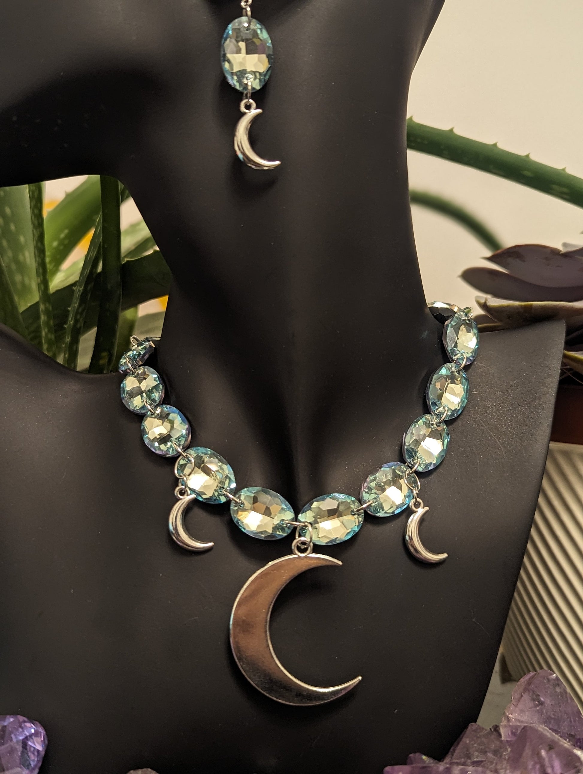 Super Shiny Light Blue Silver Necklace and Earrings with 20 Glass Oval Pendants and 5 Silver Moon Pendants, Handmade Night Princess Necklace