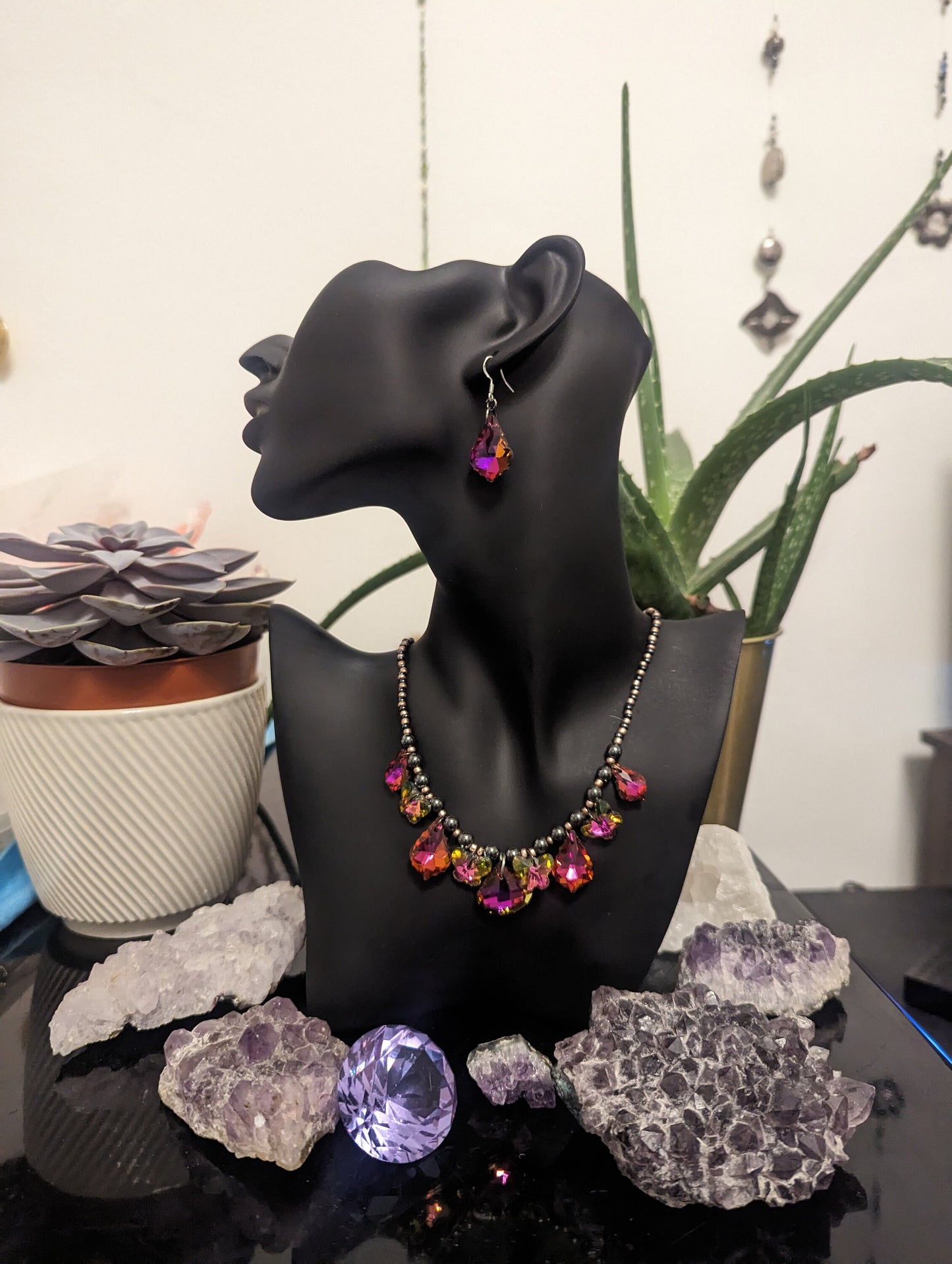 Fantasy Composition Set: Pink - Green Handmade Necklace with 9 Pink Glass Pendants, Glass Pink Butterfly Earrings, Hematite Styled Bracelet