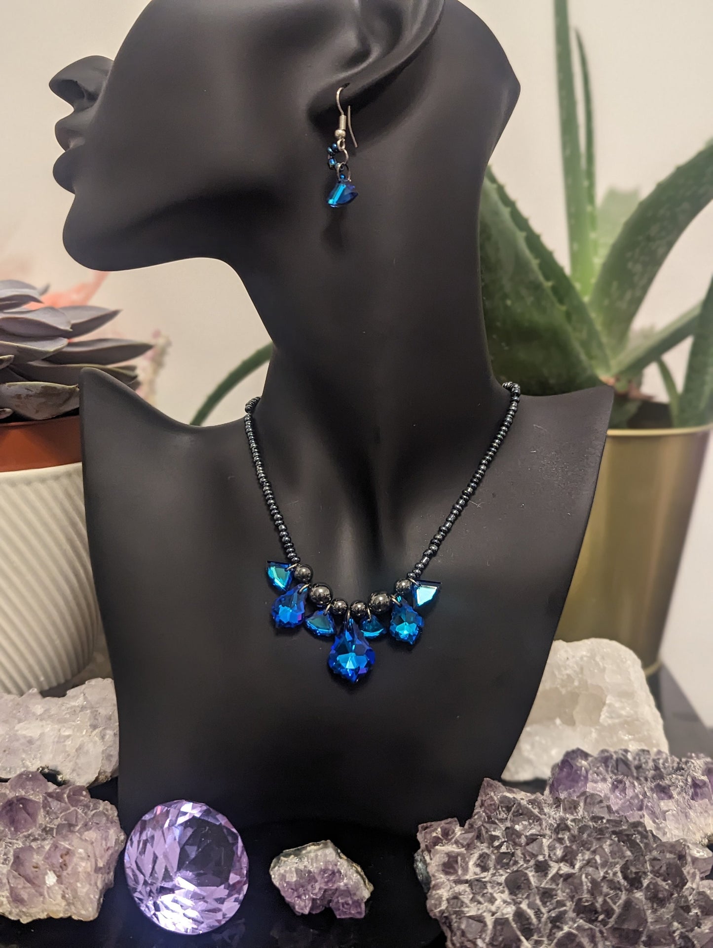 Truth Composition: Blue Purple Baroque Pendnts, Glass Blue Triangle Pendants and Dark Blue Glass Beads