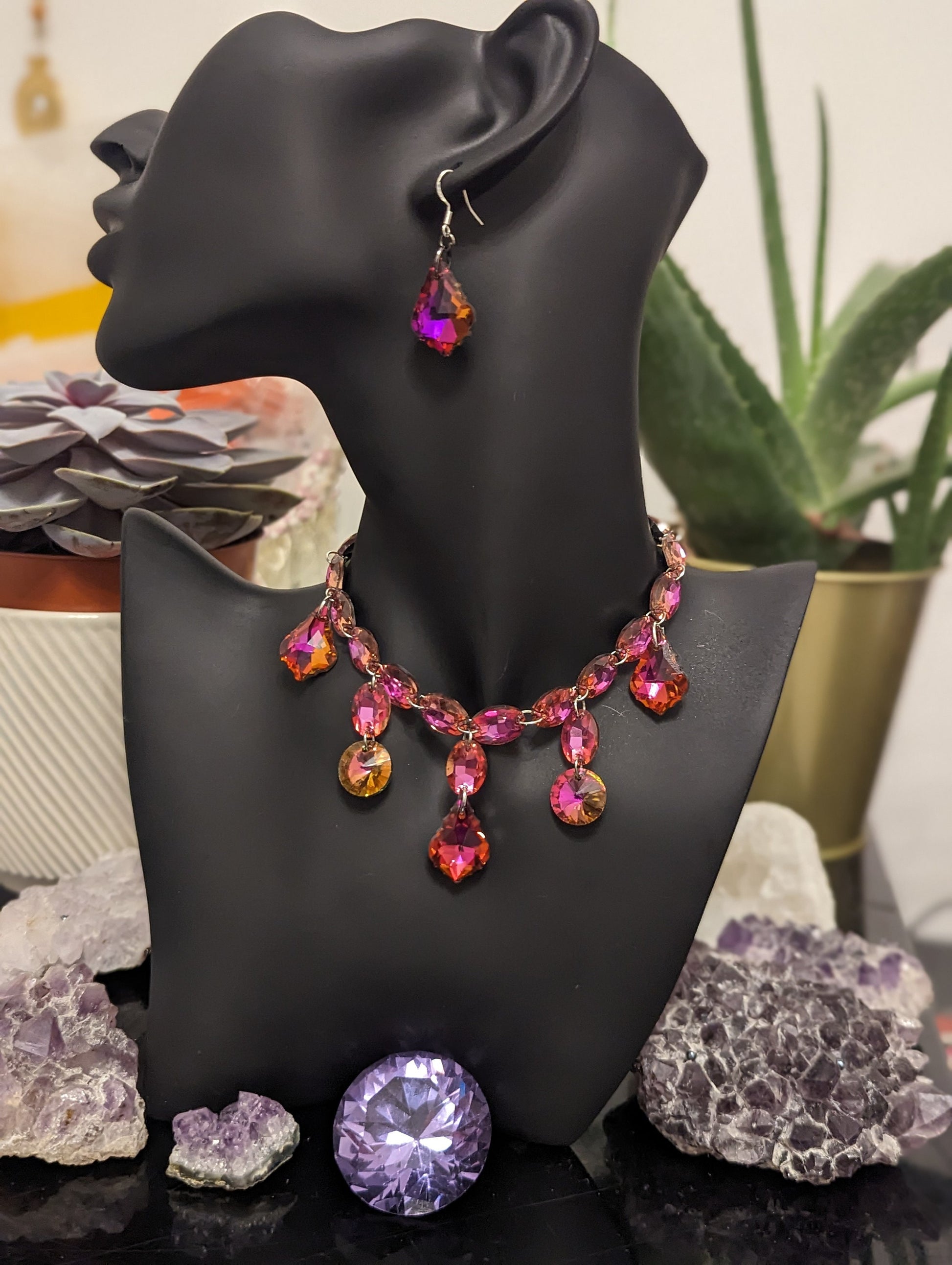 Hot Pink Royal Glass Necklace with 25 Stunning Shimmering Hot Pink Earrings for Events, Princess Pink Vintage Glass Baroque Necklace