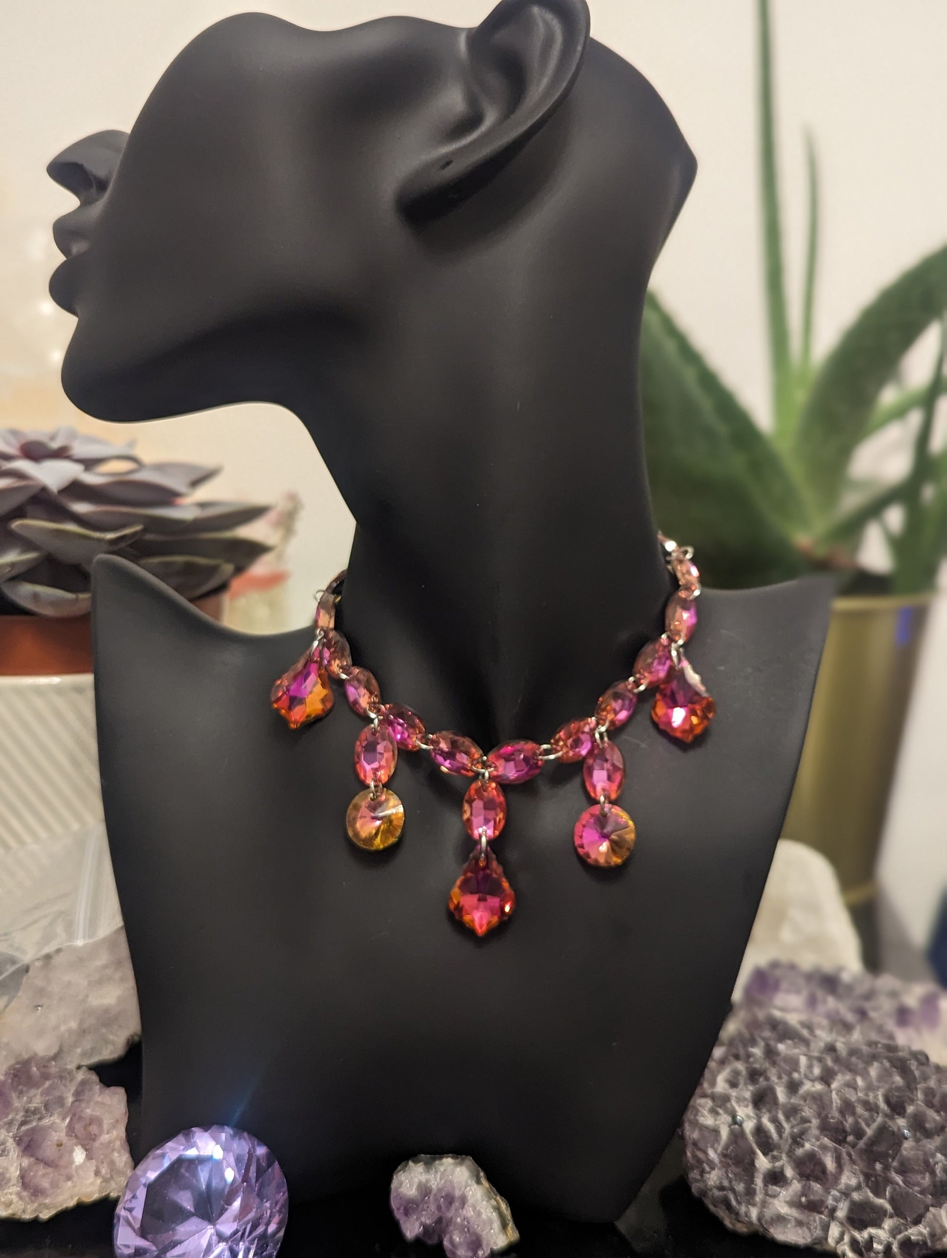 Hot Pink Royal Glass Necklace with 25 Stunning Shimmering Hot Pink Earrings for Events, Princess Pink Vintage Glass Baroque Necklace