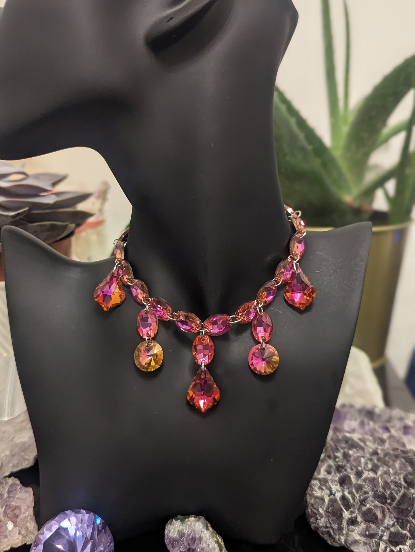 Hot Pink Royal Glass Necklace with 25 Stunning Shimmering Hot Pink Earrings for Events, Princess Pink Vintage Glass Baroque Necklace