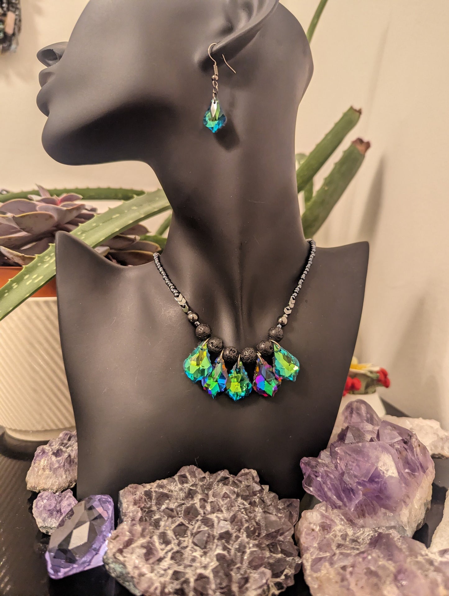 Green Purple Royal Shimmering Baroque Pendants, Handmade set of Necklace and Earrings