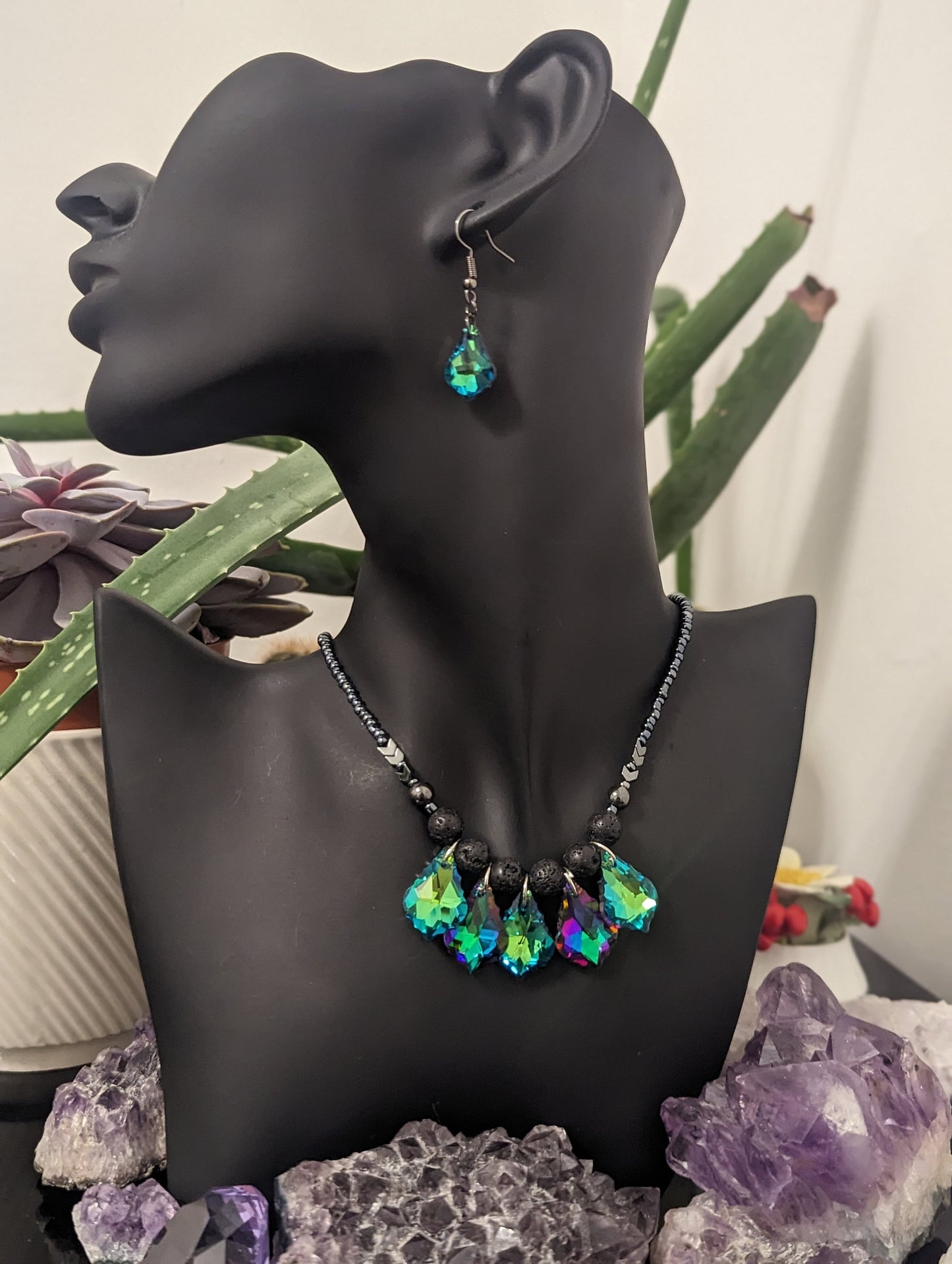 Green Purple Royal Shimmering Baroque Pendants, Handmade set of Necklace and Earrings