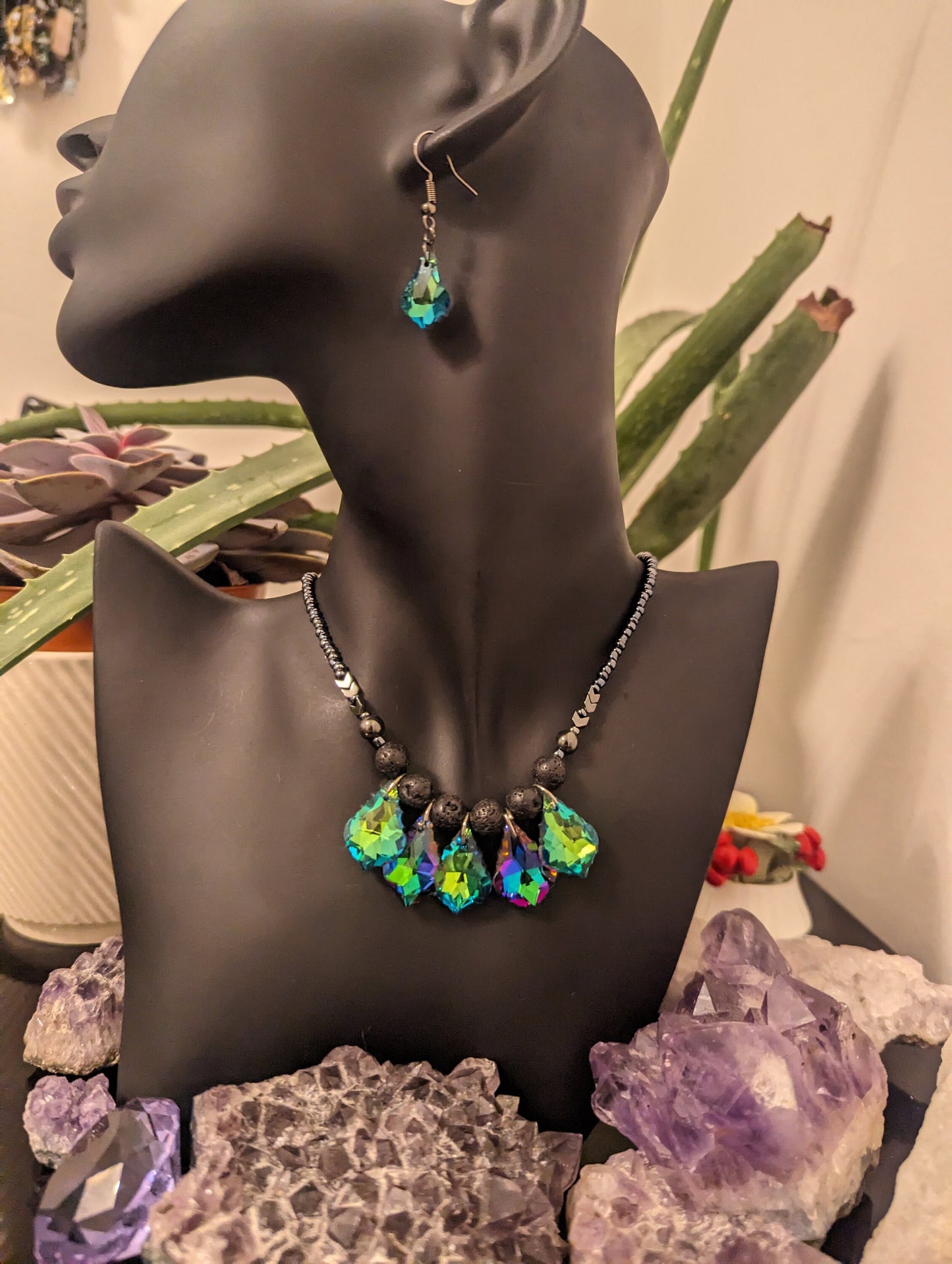 Green Purple Royal Shimmering Baroque Pendants, Handmade set of Necklace and Earrings