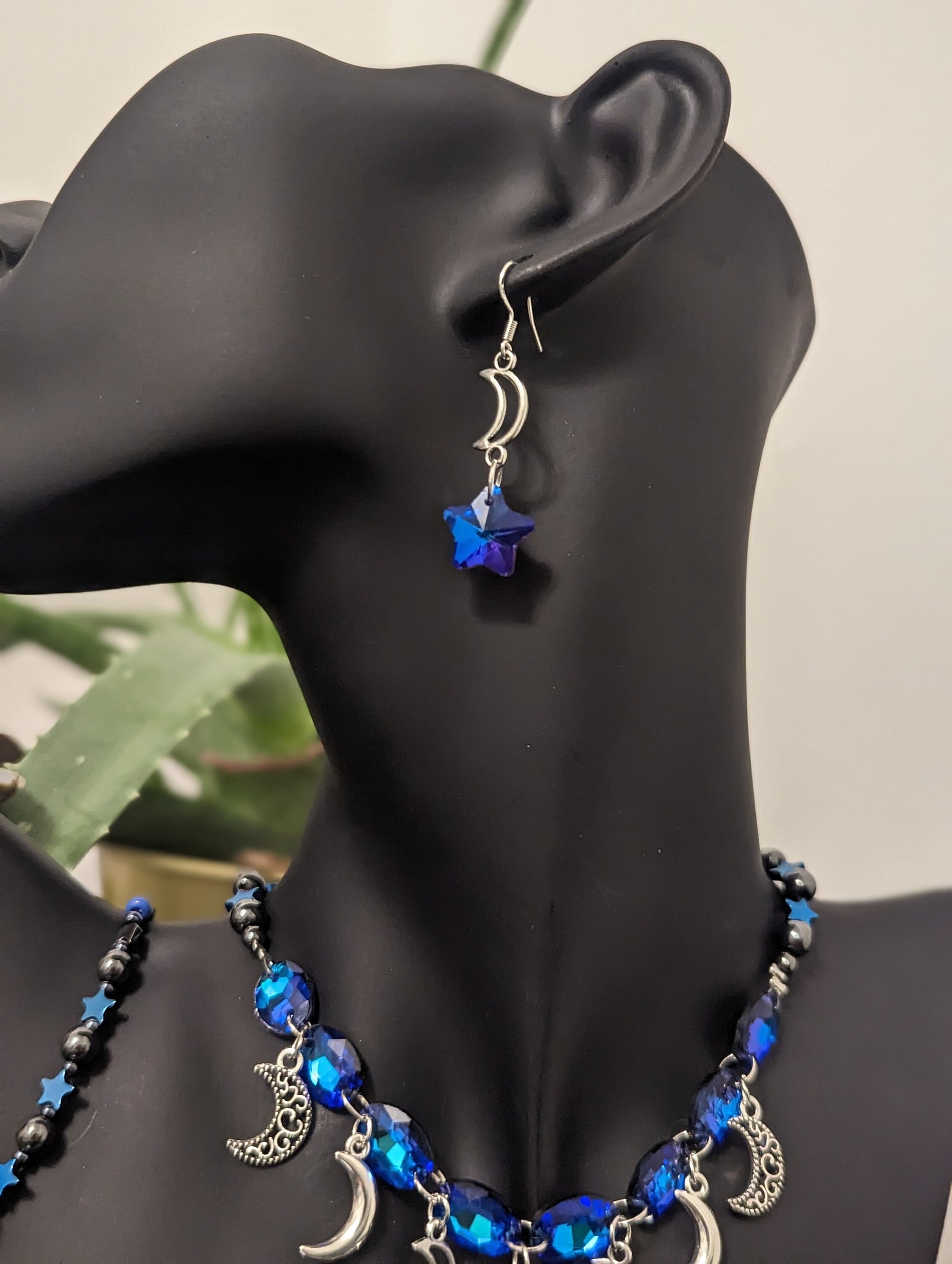 Silver Moons Blue Set: Necklace with 9 Stunning Royal Blue Glass Pendants, 8 Silver Moons, Bracelet and Earrings with Blue Purple Stars