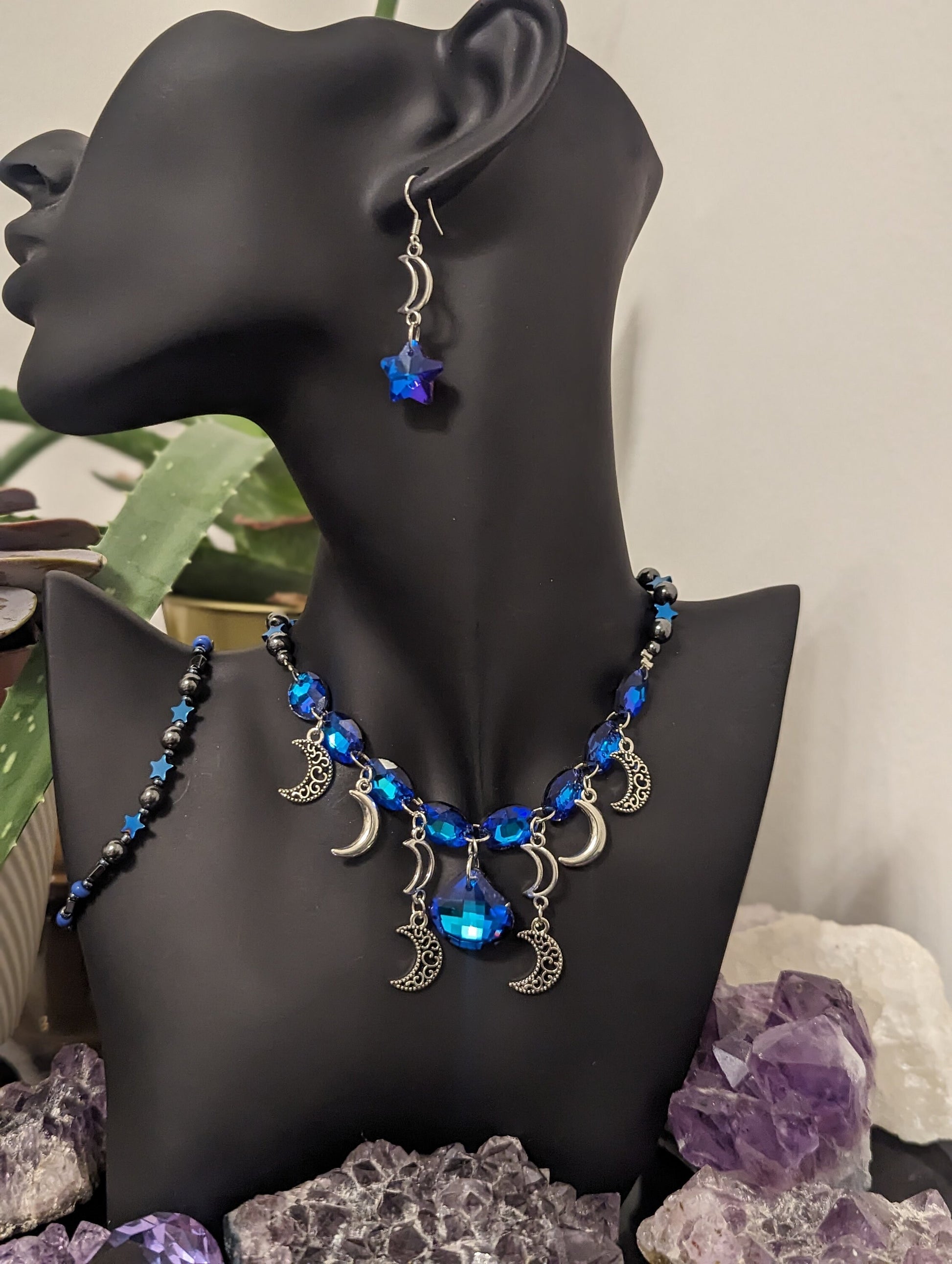 Silver Moons Blue Set: Necklace with 9 Stunning Royal Blue Glass Pendants, 8 Silver Moons, Bracelet and Earrings with Blue Purple Stars