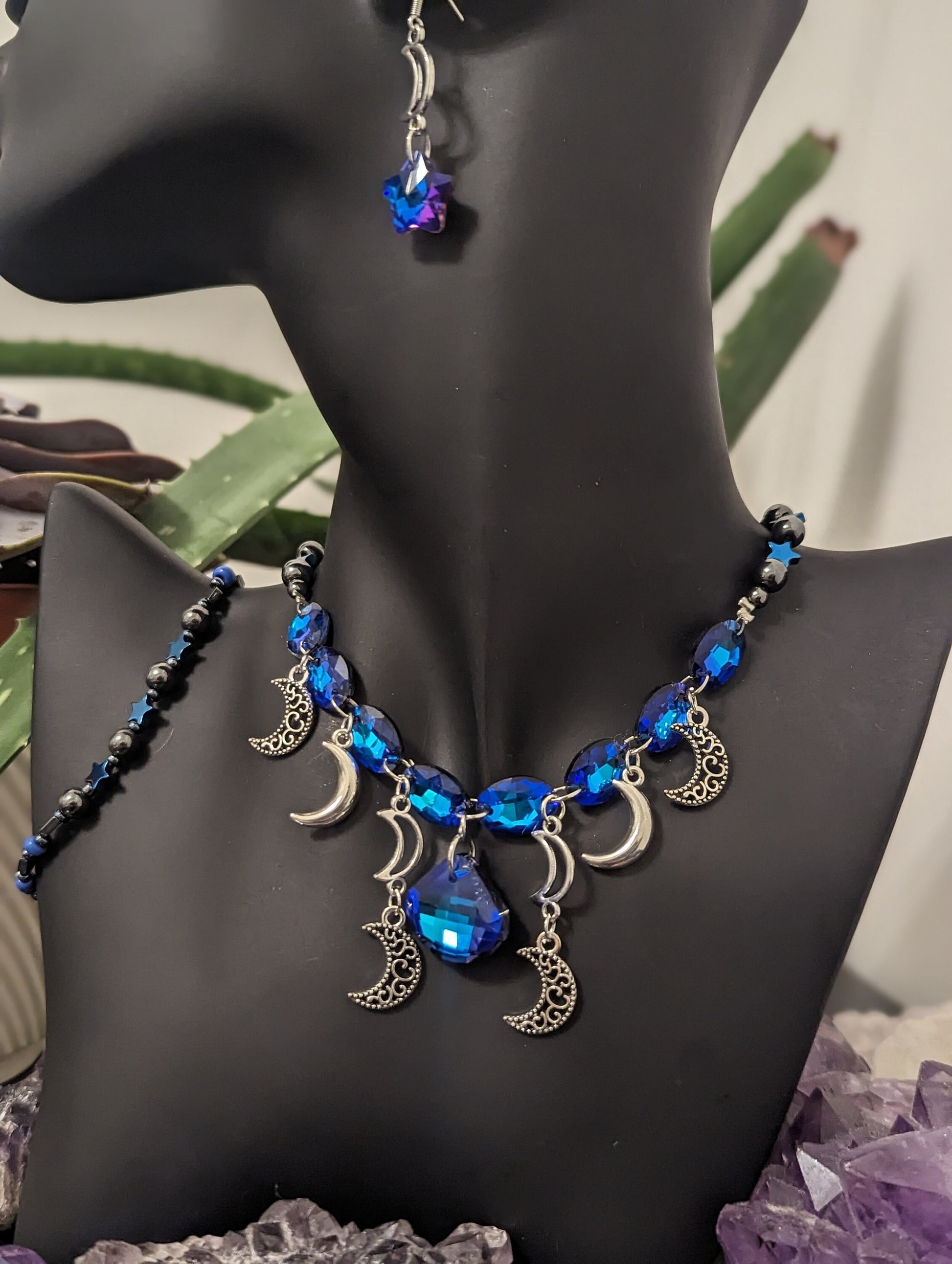 Silver Moons Blue Set: Necklace with 9 Stunning Royal Blue Glass Pendants, 8 Silver Moons, Bracelet and Earrings with Blue Purple Stars