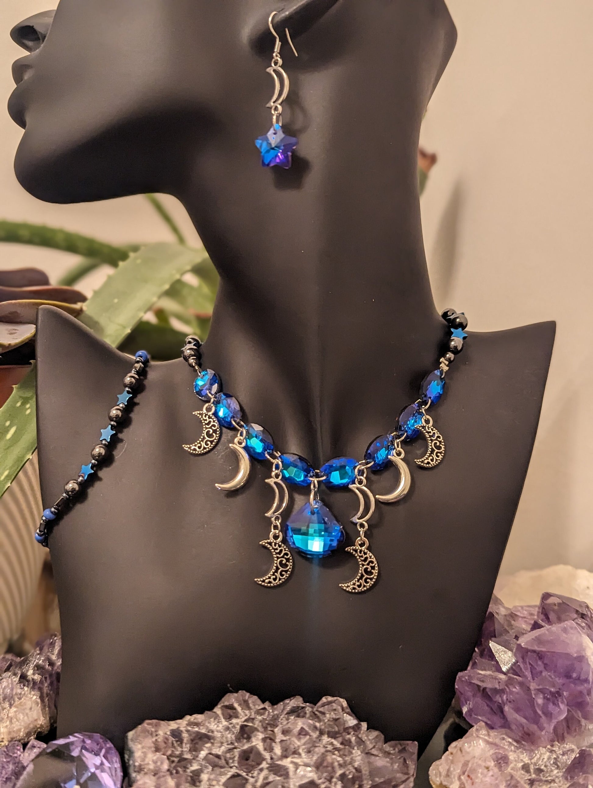 Silver Moons Blue Set: Necklace with 9 Stunning Royal Blue Glass Pendants, 8 Silver Moons, Bracelet and Earrings with Blue Purple Stars