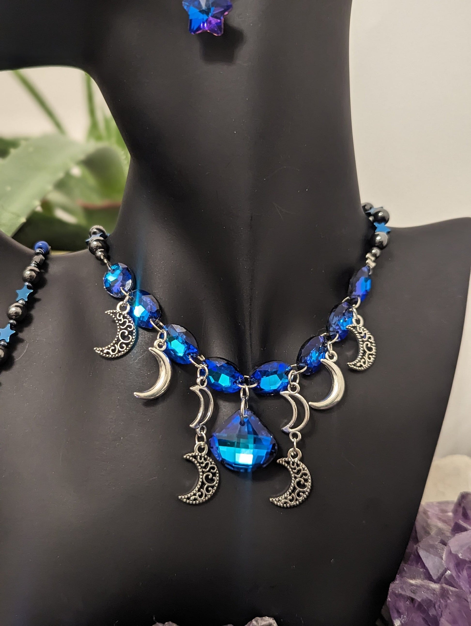 Silver Moons Blue Set: Necklace with 9 Stunning Royal Blue Glass Pendants, 8 Silver Moons, Bracelet and Earrings with Blue Purple Stars