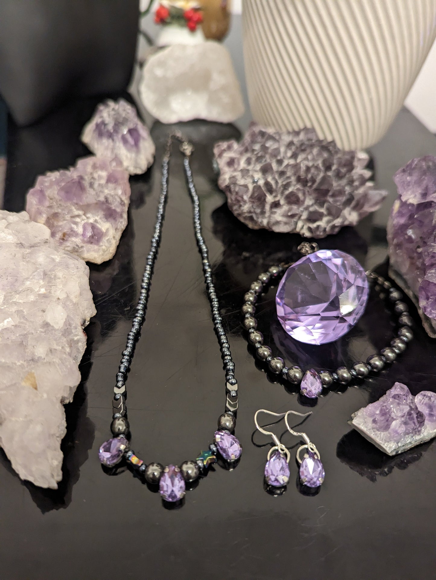 Purple Glass Drop Jewellery Set with 6 Purple Glass Stunning Pendants in Necklace, Earrings and Bracelet with Star and Hematite Styled Beads