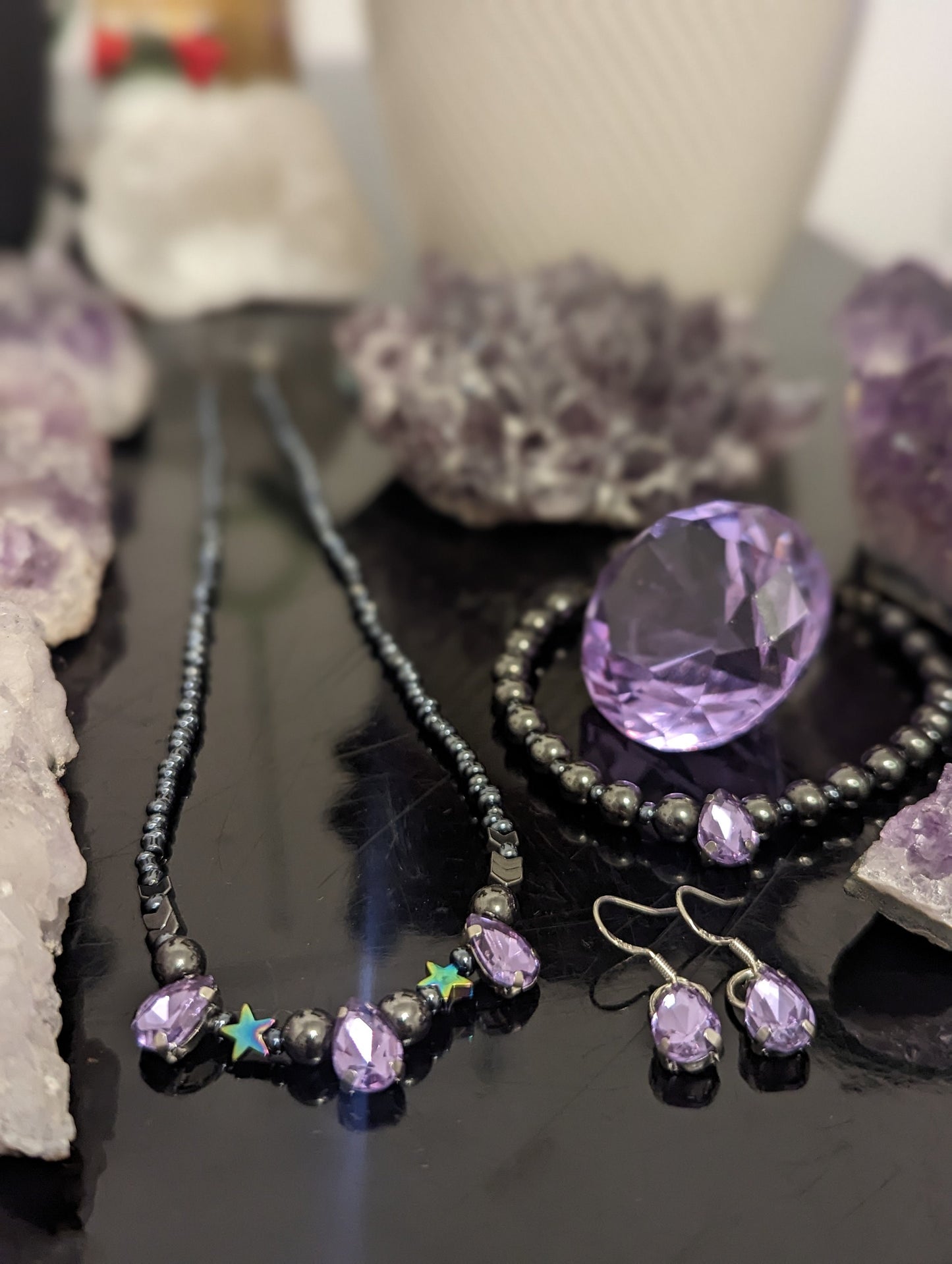 Purple Glass Drop Jewellery Set with 6 Purple Glass Stunning Pendants in Necklace, Earrings and Bracelet with Star and Hematite Styled Beads