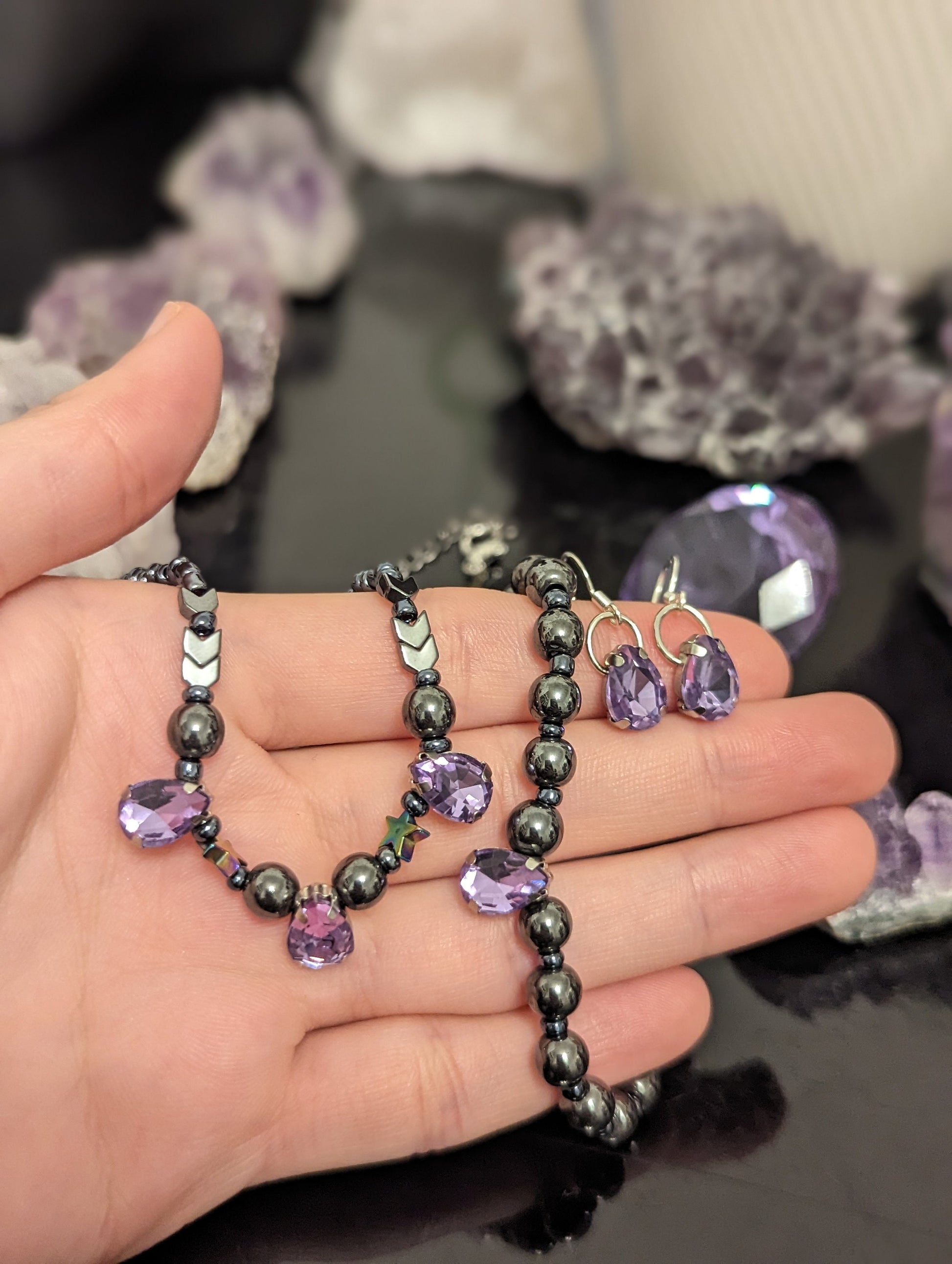 Purple Glass Drop Jewellery Set with 6 Purple Glass Stunning Pendants in Necklace, Earrings and Bracelet with Star and Hematite Styled Beads