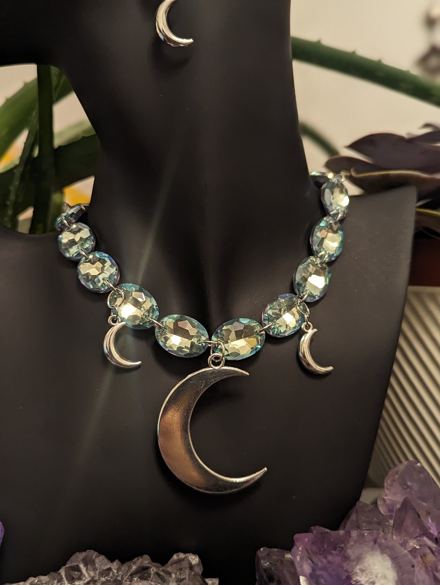 Super Shiny Light Blue Silver Necklace and Earrings with 20 Glass Oval Pendants and 5 Silver Moon Pendants, Handmade Night Princess Necklace