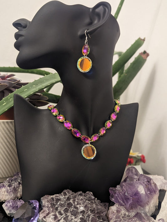 Pink Gold Jewellery Set with 18 Glass Oval Pink - Golden Glass Beads and Round Yellow Golden Reflective Glass Pendants for Events