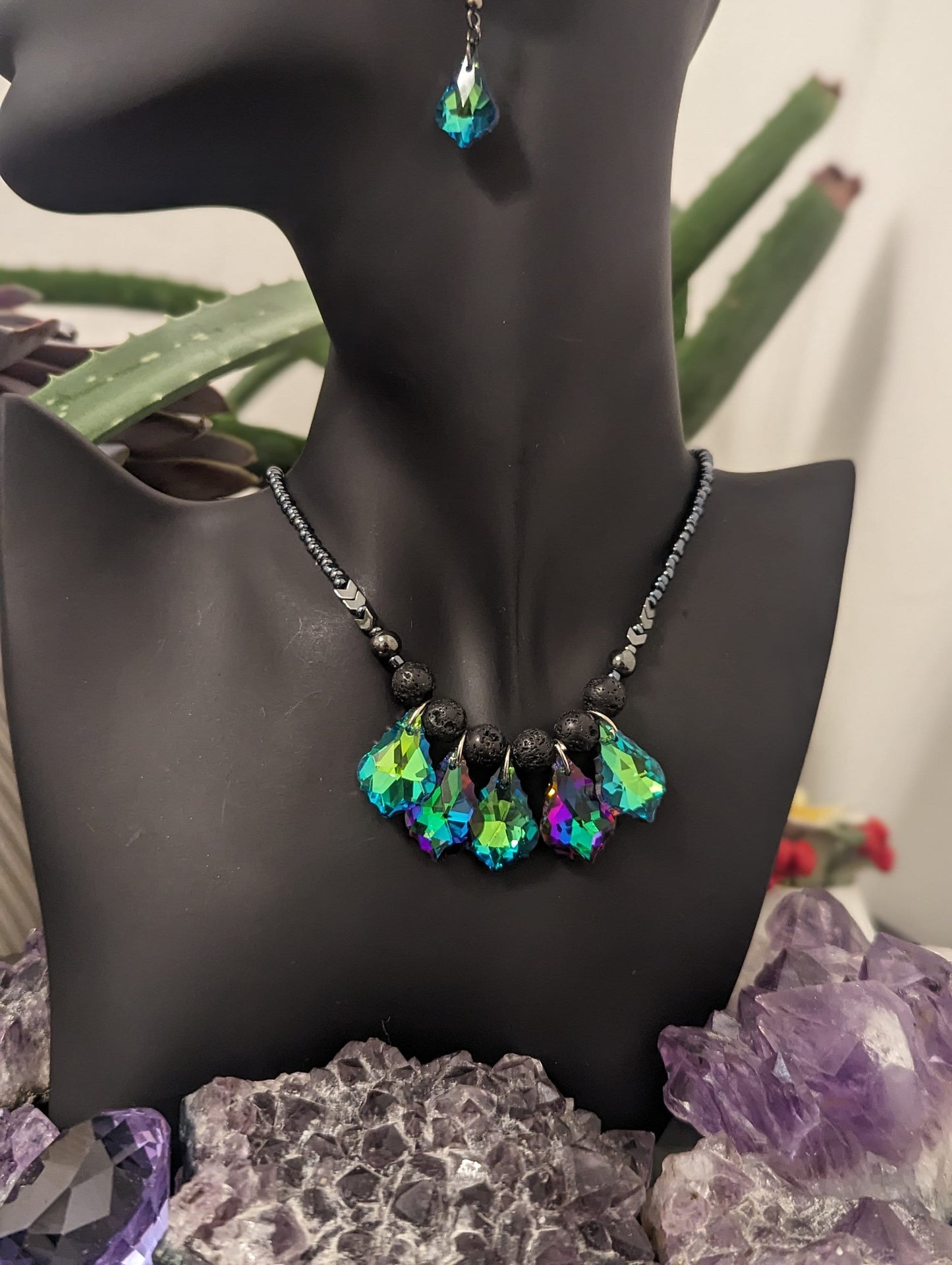 Green Purple Royal Shimmering Baroque Pendants, Handmade set of Necklace and Earrings