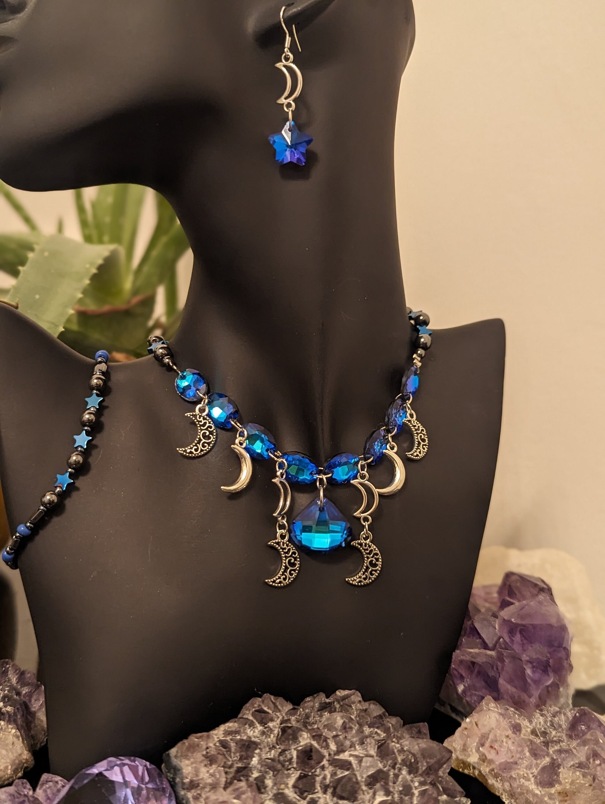 Silver Moons Blue Set: Necklace with 9 Stunning Royal Blue Glass Pendants, 8 Silver Moons, Bracelet and Earrings with Blue Purple Stars