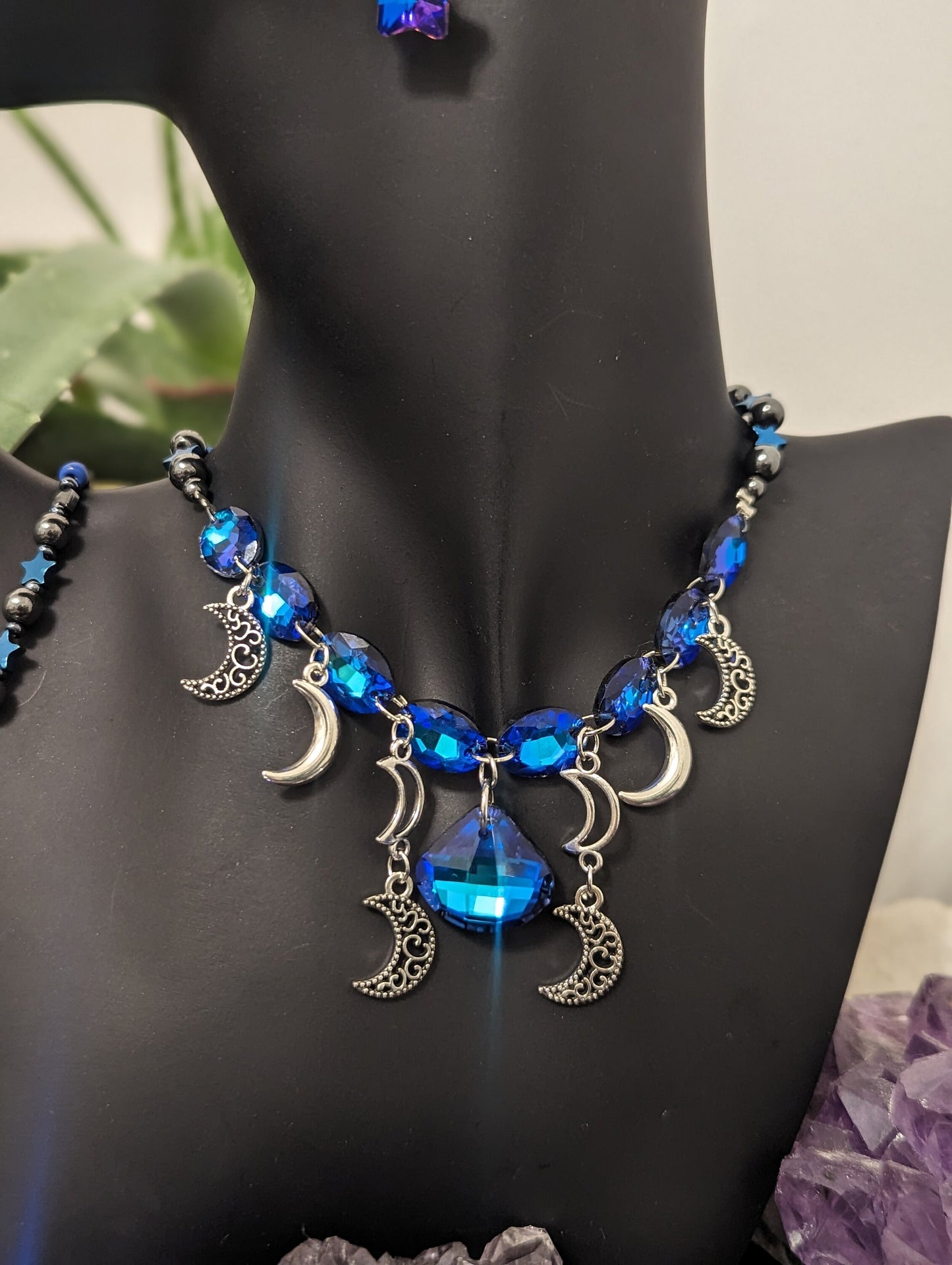 Silver Moons Blue Set: Necklace with 9 Stunning Royal Blue Glass Pendants, 8 Silver Moons, Bracelet and Earrings with Blue Purple Stars