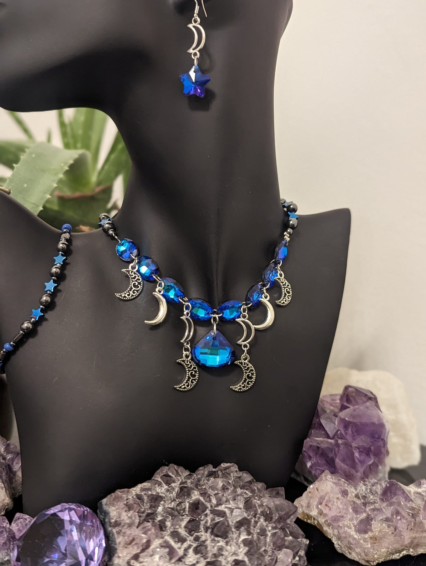 Silver Moons Blue Set: Necklace with 9 Stunning Royal Blue Glass Pendants, 8 Silver Moons, Bracelet and Earrings with Blue Purple Stars