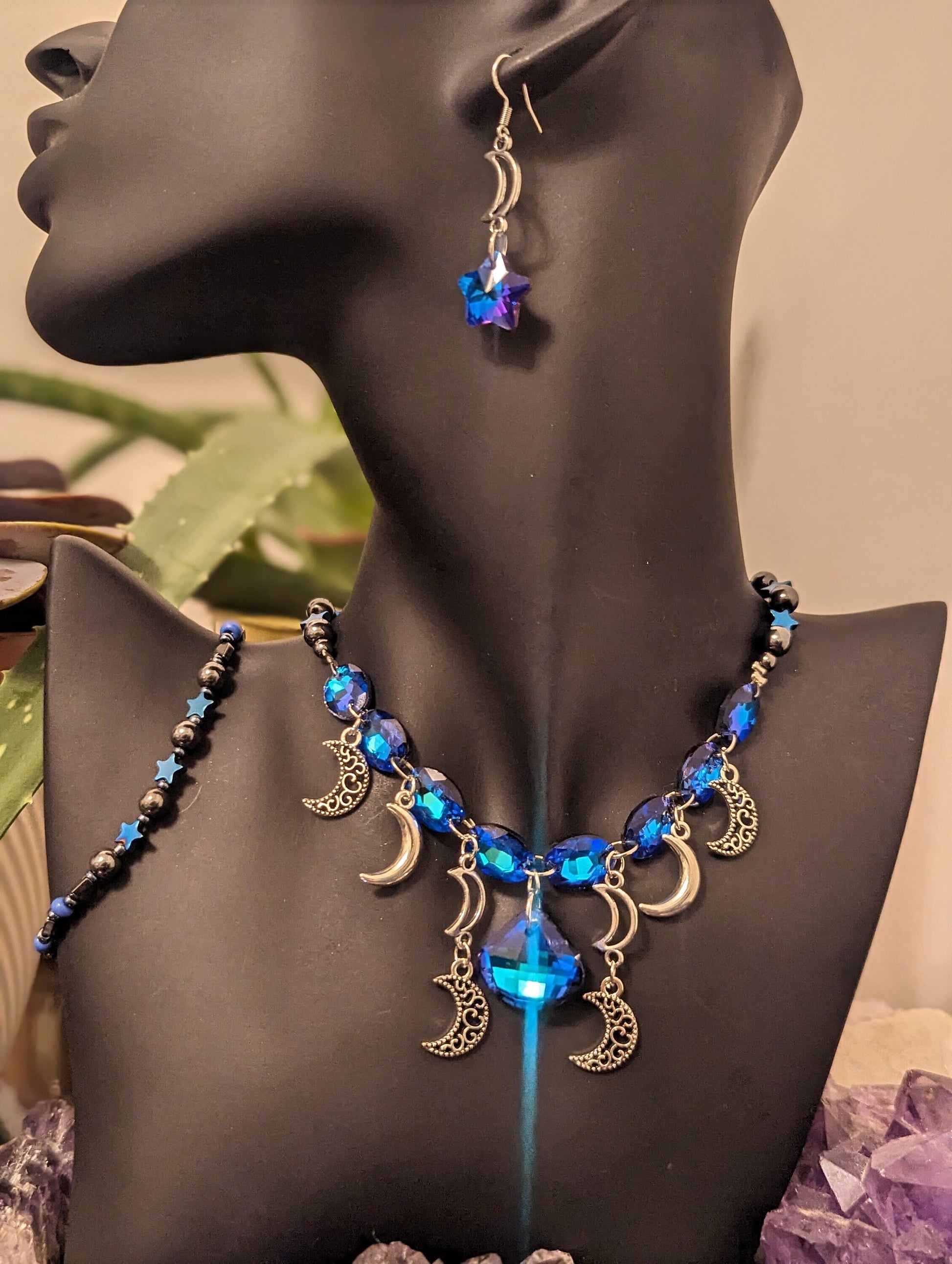 Silver Moons Blue Set: Necklace with 9 Stunning Royal Blue Glass Pendants, 8 Silver Moons, Bracelet and Earrings with Blue Purple Stars