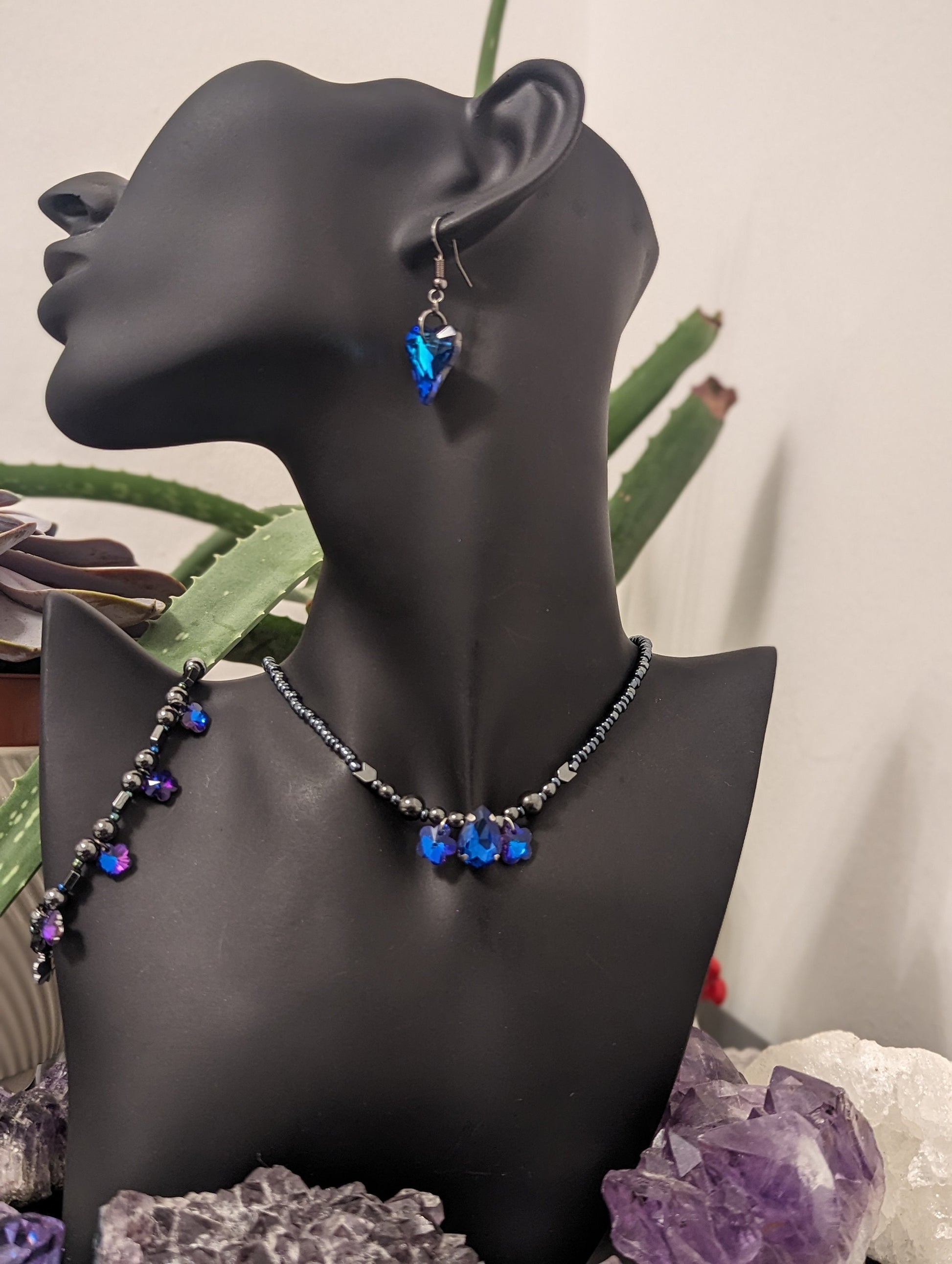 ISRAEL Water for Flowers: Blue Drop Pendant, 2 Purple Flower Pendants, Hematite Styled Arrow Beads and Dark Blue Glass Beads