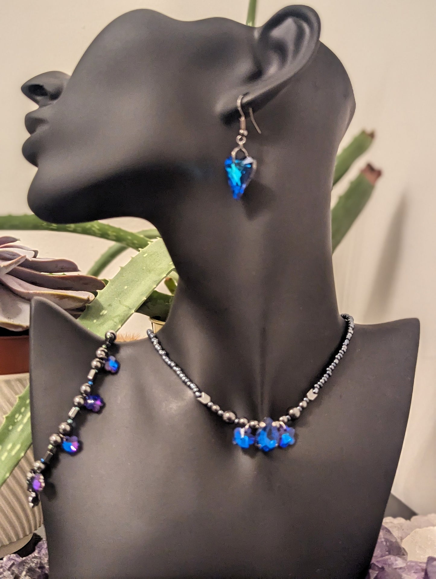 ISRAEL Water for Flowers: Blue Drop Pendant, 2 Purple Flower Pendants, Hematite Styled Arrow Beads and Dark Blue Glass Beads