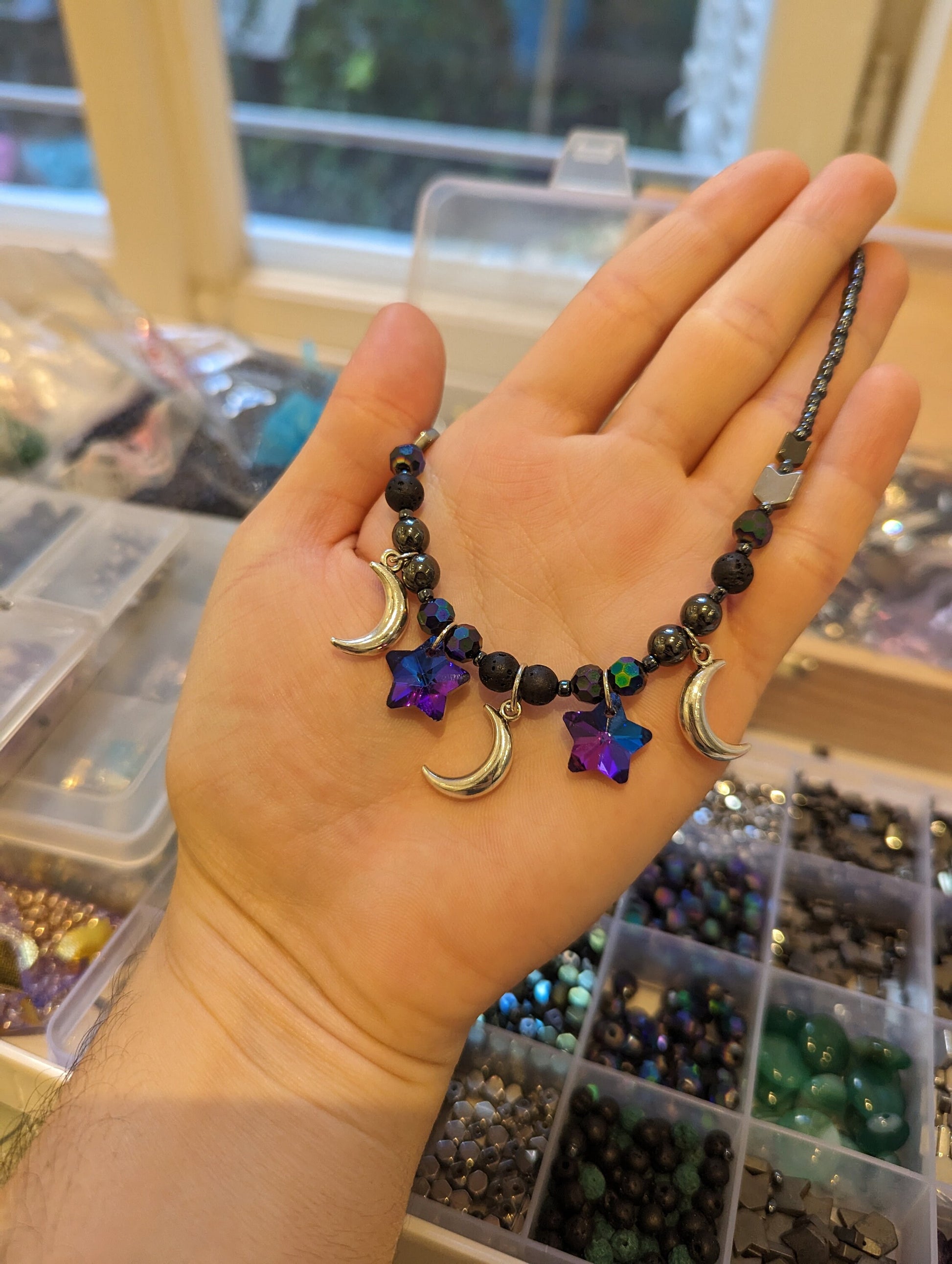 Space Themed Necklace with Three Silver Moons and Two Purple Glass Star Pendants, Hematite Styled Beads, Purple and Black Beads