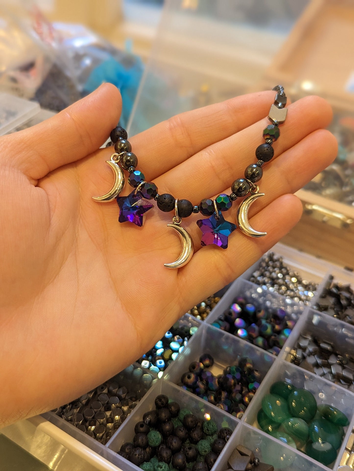 Space Themed Necklace with Three Silver Moons and Two Purple Glass Star Pendants, Hematite Styled Beads, Purple and Black Beads