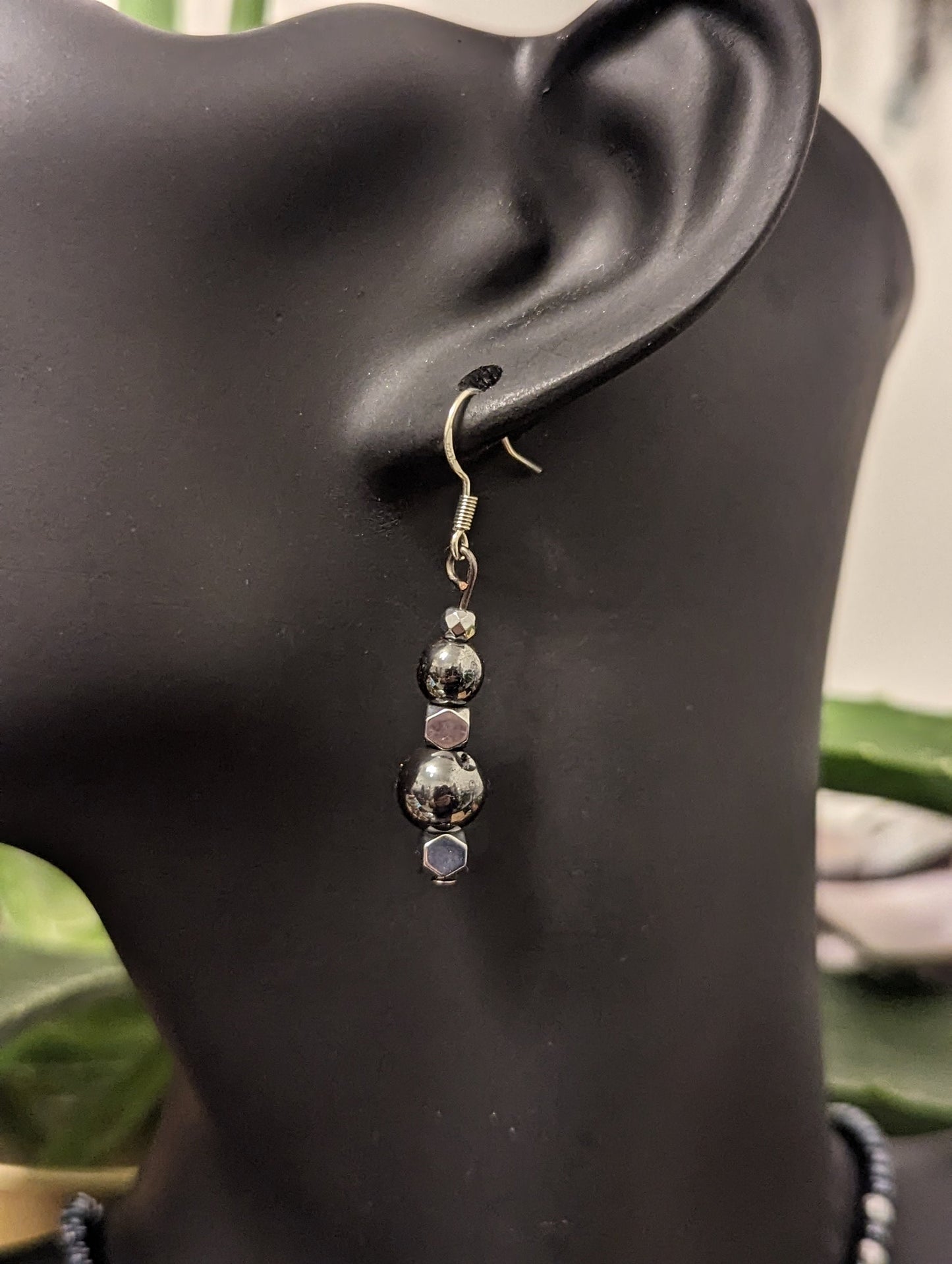 Unisex Set: Silver Angel Wing Pendant, Silver Arrow and Hematite Styled Beads, Hematite Styled Bracelet and Silver Grey Drop Earrings