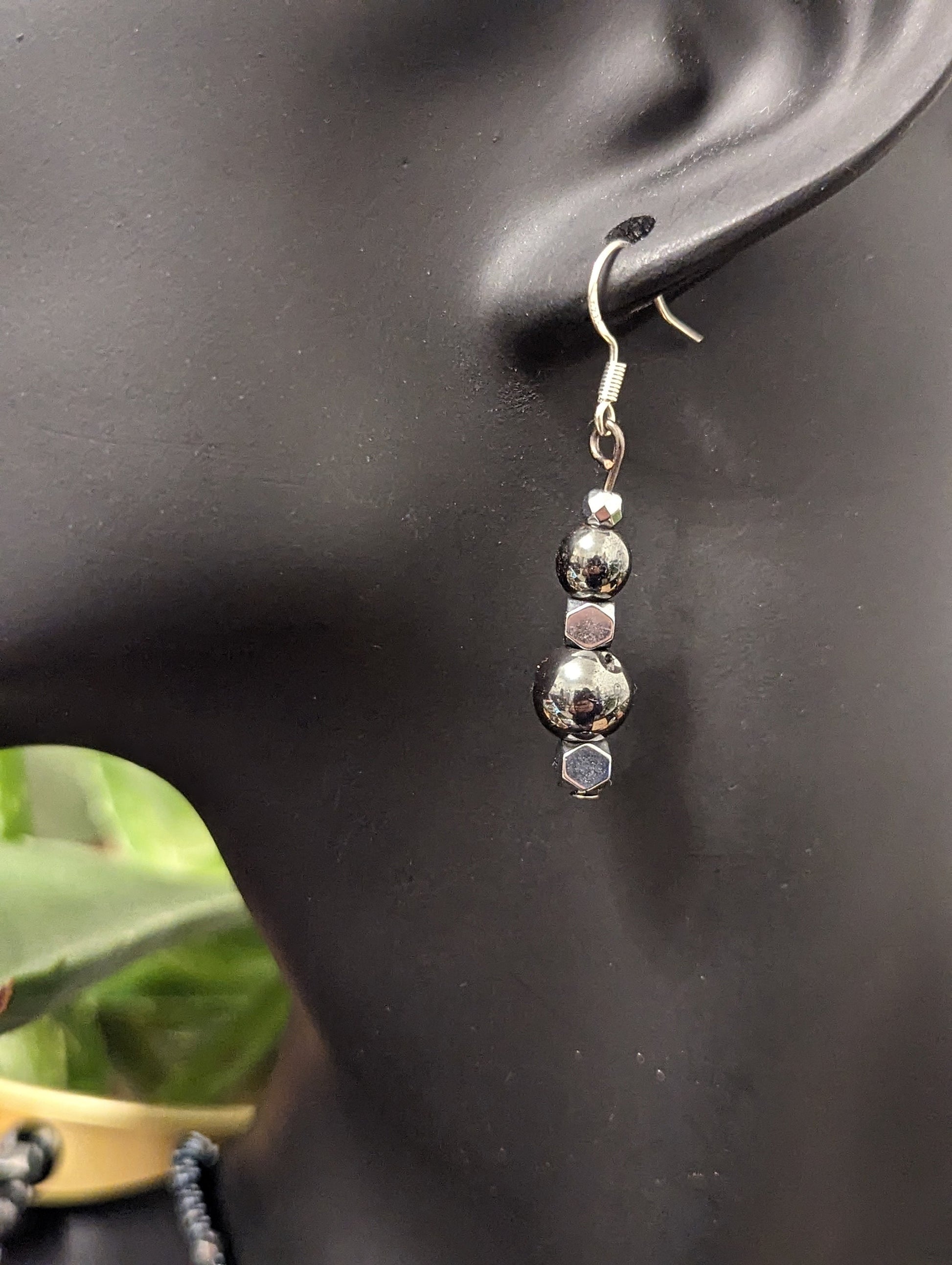 Unisex Set: Silver Angel Wing Pendant, Silver Arrow and Hematite Styled Beads, Hematite Styled Bracelet and Silver Grey Drop Earrings