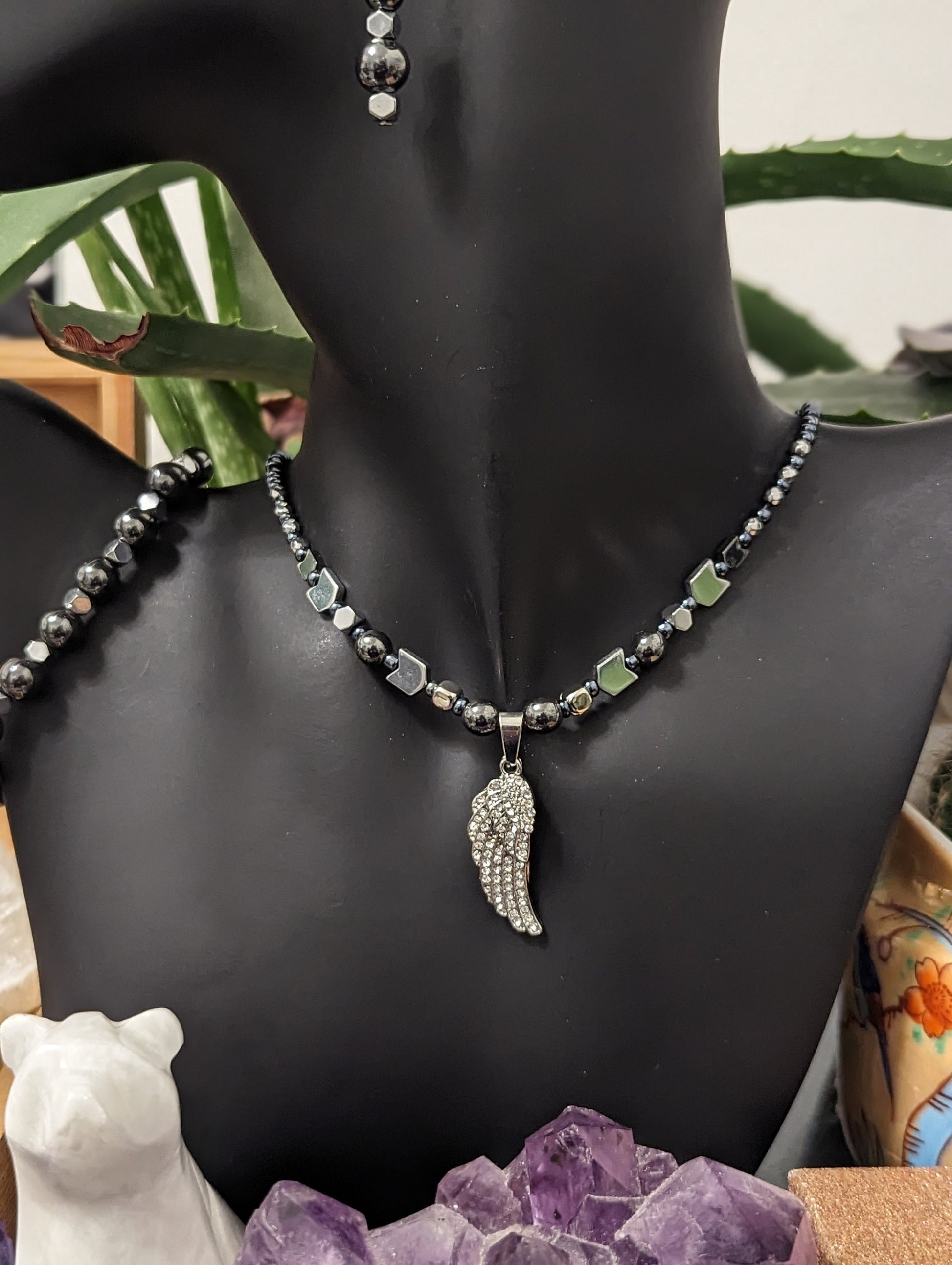 Unisex Set: Silver Angel Wing Pendant, Silver Arrow and Hematite Styled Beads, Hematite Styled Bracelet and Silver Grey Drop Earrings