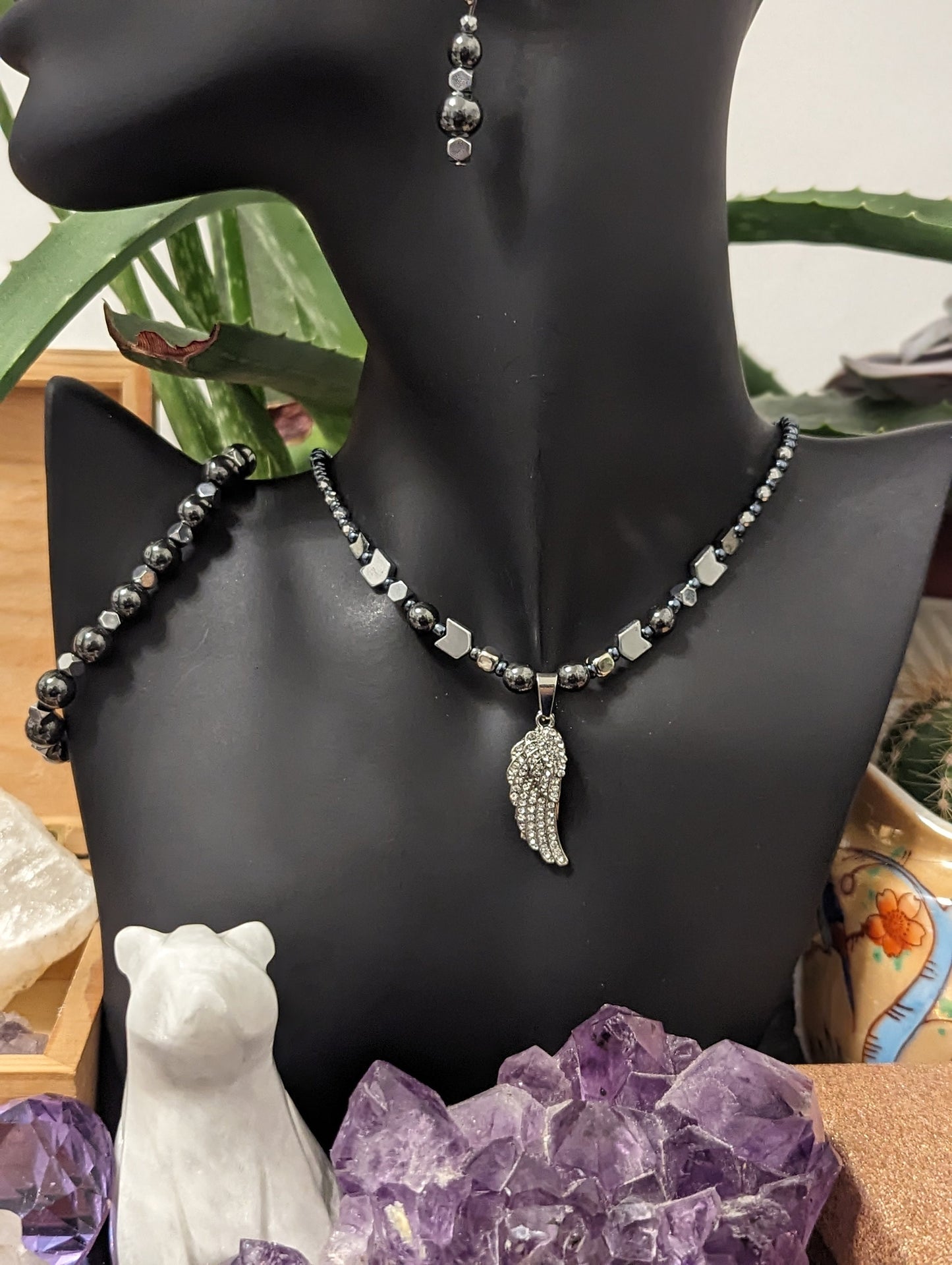 Unisex Set: Silver Angel Wing Pendant, Silver Arrow and Hematite Styled Beads, Hematite Styled Bracelet and Silver Grey Drop Earrings