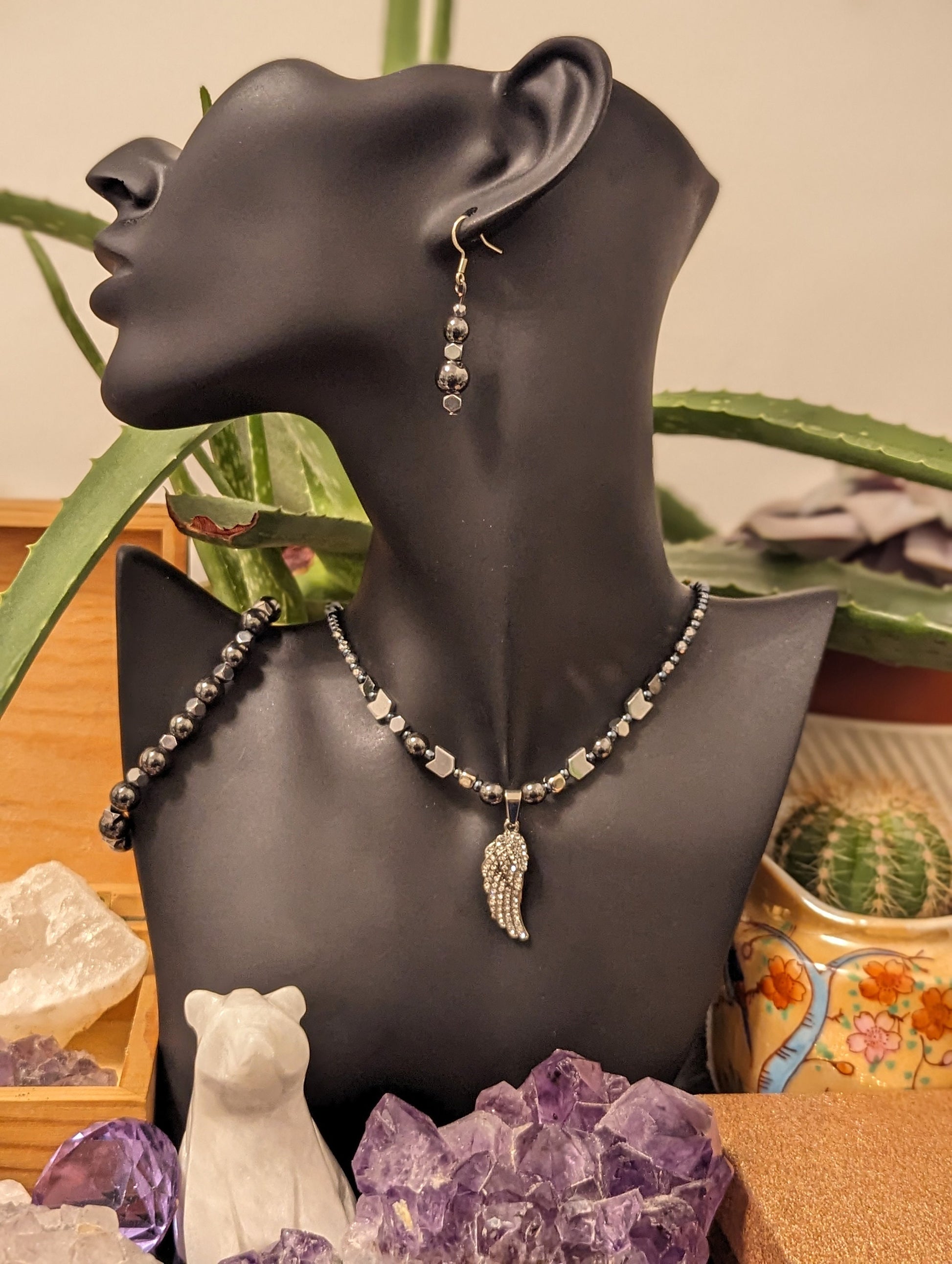 Unisex Set: Silver Angel Wing Pendant, Silver Arrow and Hematite Styled Beads, Hematite Styled Bracelet and Silver Grey Drop Earrings