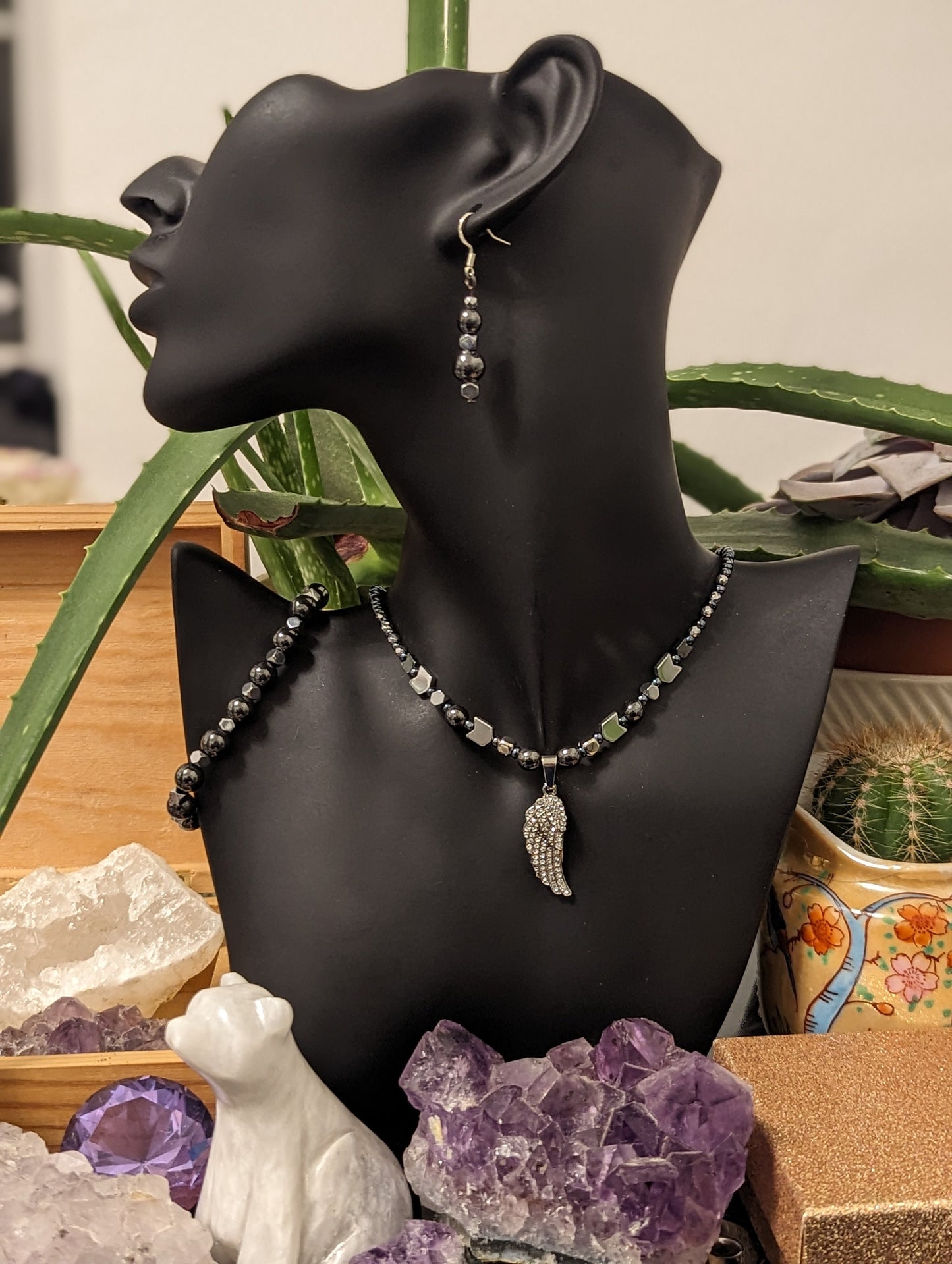 Unisex Set: Silver Angel Wing Pendant, Silver Arrow and Hematite Styled Beads, Hematite Styled Bracelet and Silver Grey Drop Earrings