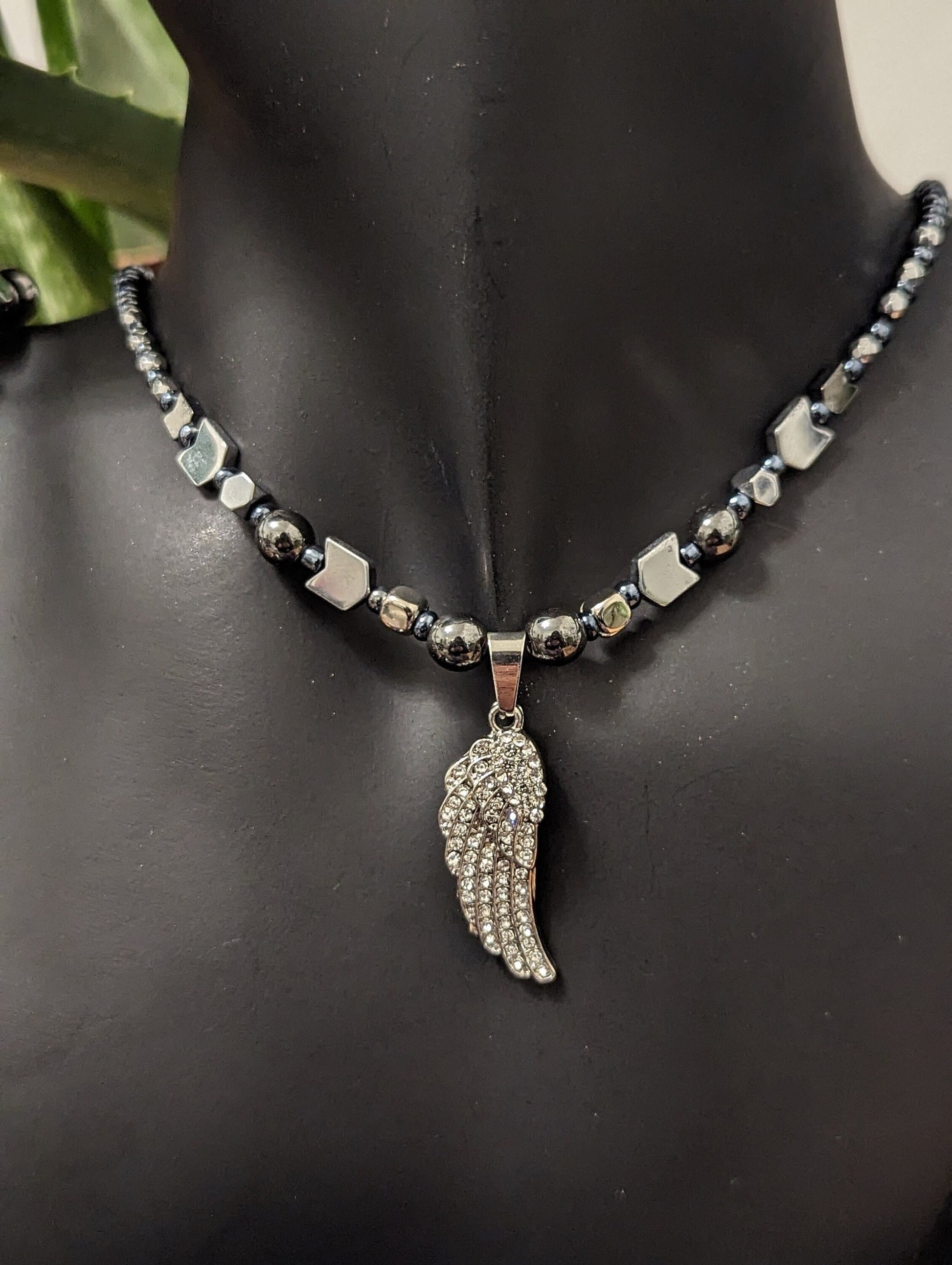 Unisex Set: Silver Angel Wing Pendant, Silver Arrow and Hematite Styled Beads, Hematite Styled Bracelet and Silver Grey Drop Earrings