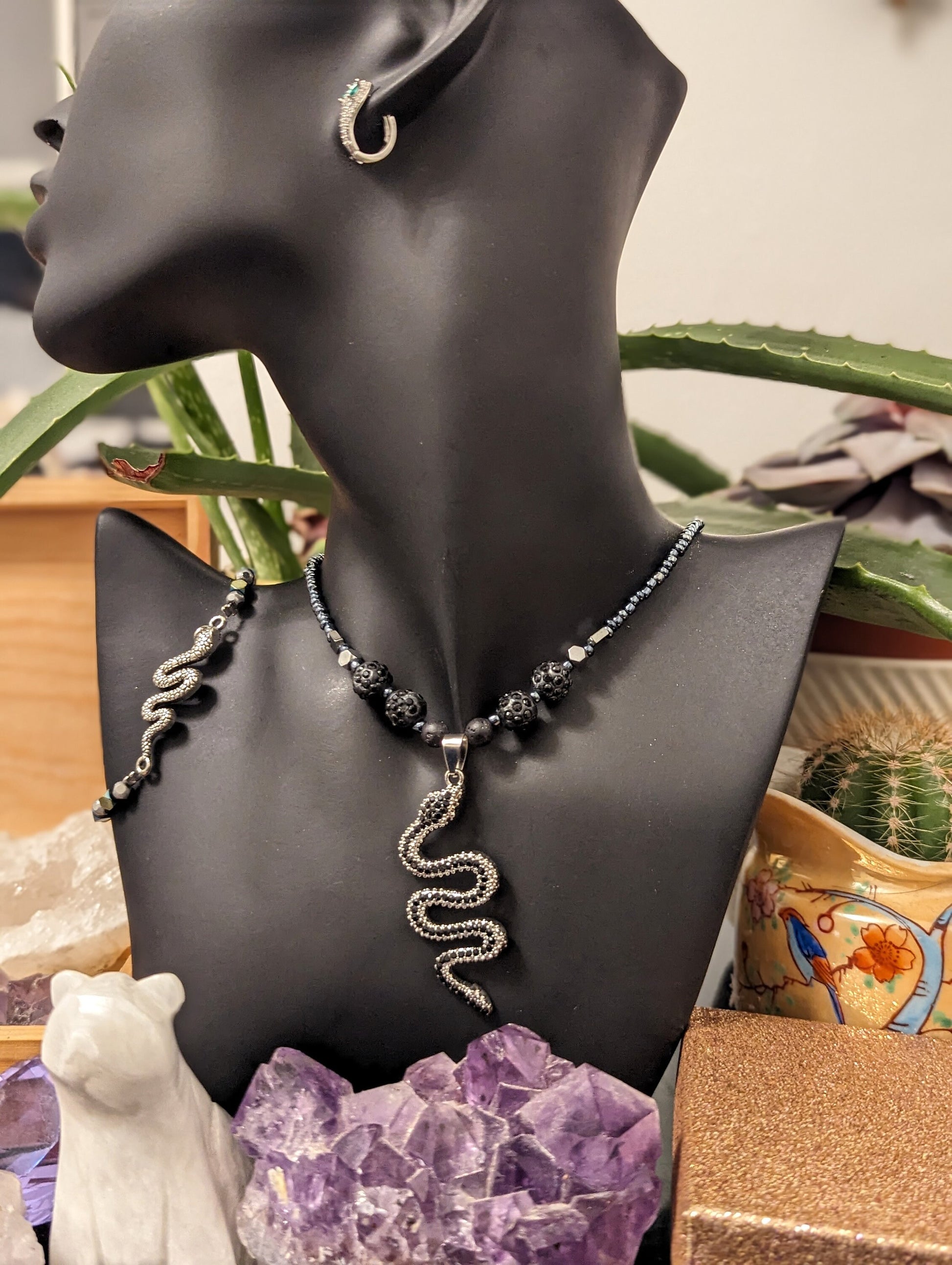 Snakes Unisex Set: Black Silver Shimmering Snake Pendant, Silver Snake Green Silver Bracelet and Silver Snake Earring with Green Eyes