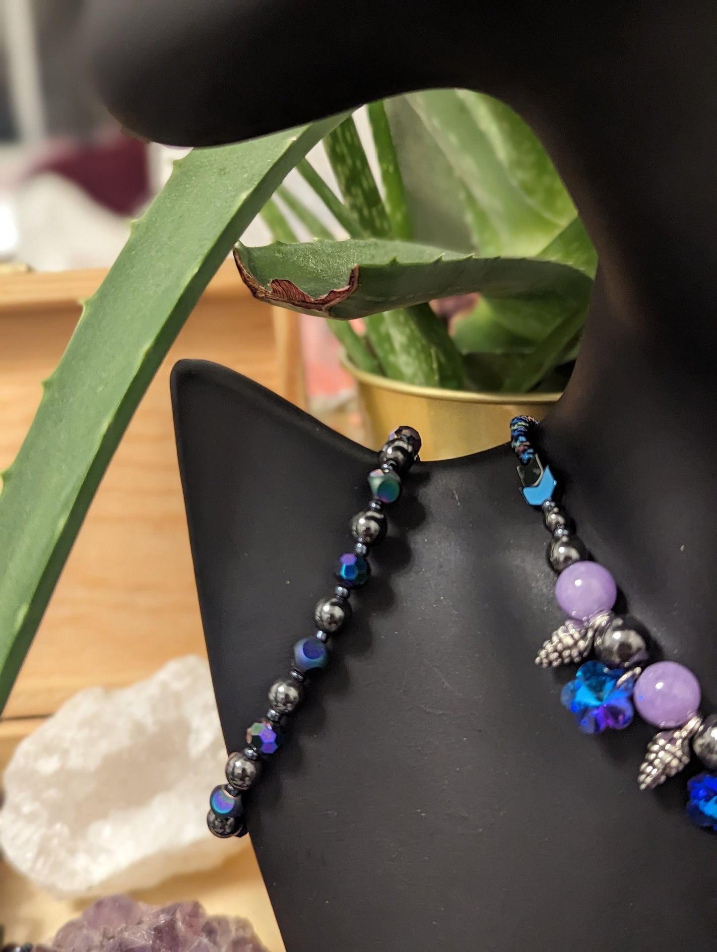 ISRAEL Pinecone Love Set: Blue Purple Hearts, Flowers and Silver Pinecone Pendants, Gemstones, Hematite Styled Beads. Earrings and Necklace