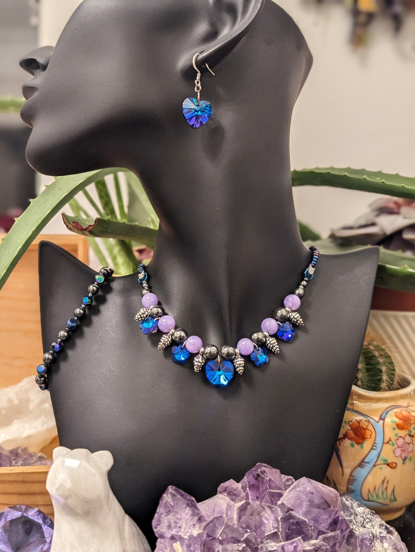 ISRAEL Pinecone Love Set: Blue Purple Hearts, Flowers and Silver Pinecone Pendants, Gemstones, Hematite Styled Beads. Earrings and Necklace