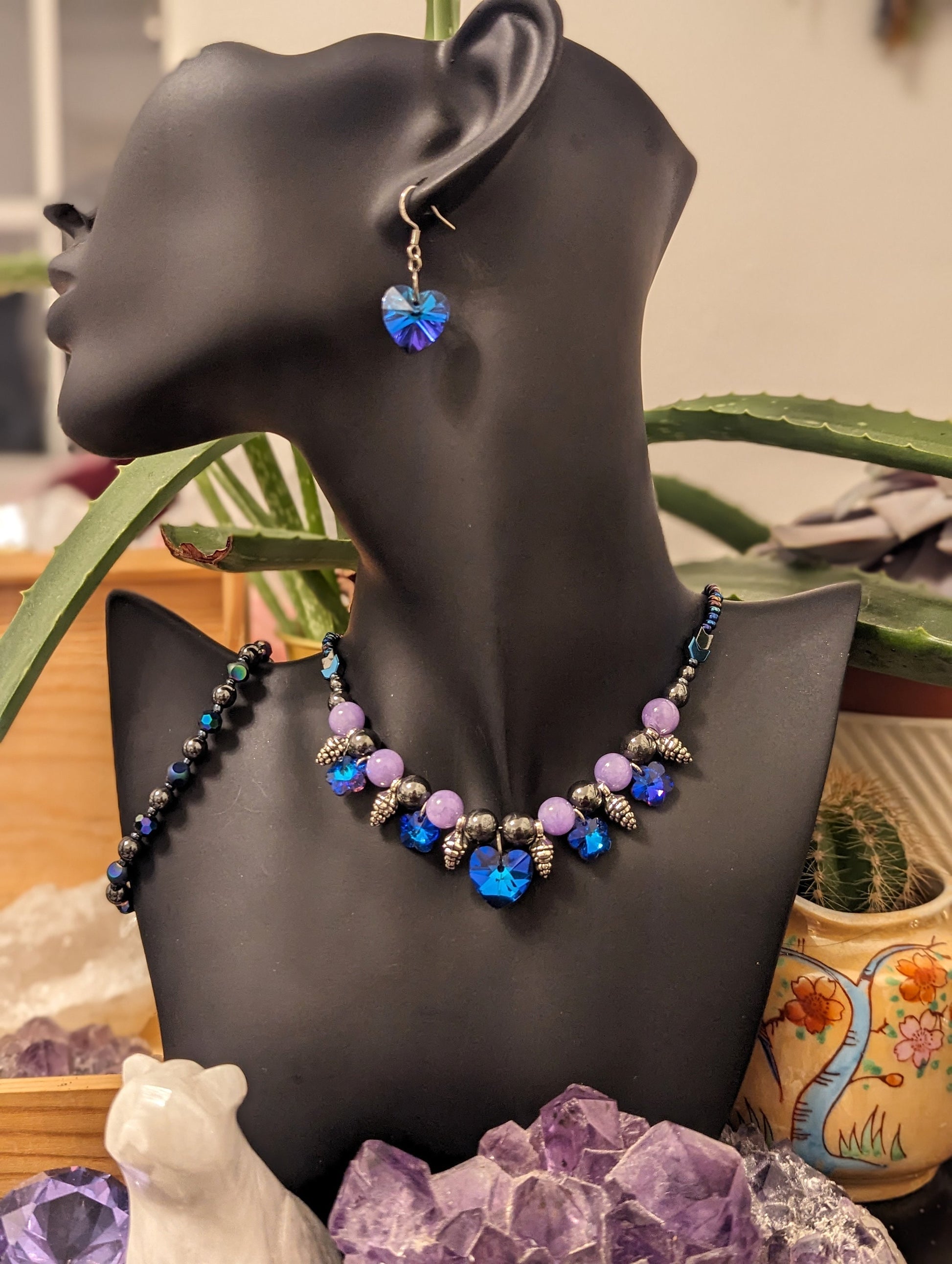 ISRAEL Pinecone Love Set: Blue Purple Hearts, Flowers and Silver Pinecone Pendants, Gemstones, Hematite Styled Beads. Earrings and Necklace