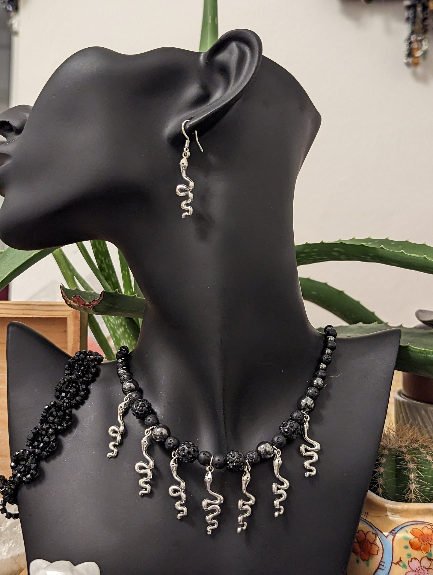 Snakes Goth Set: 7 Silver Snake Pendants and Black Beaded Necklace, Silver Snake Earrings and Black Shimmering Bracelet