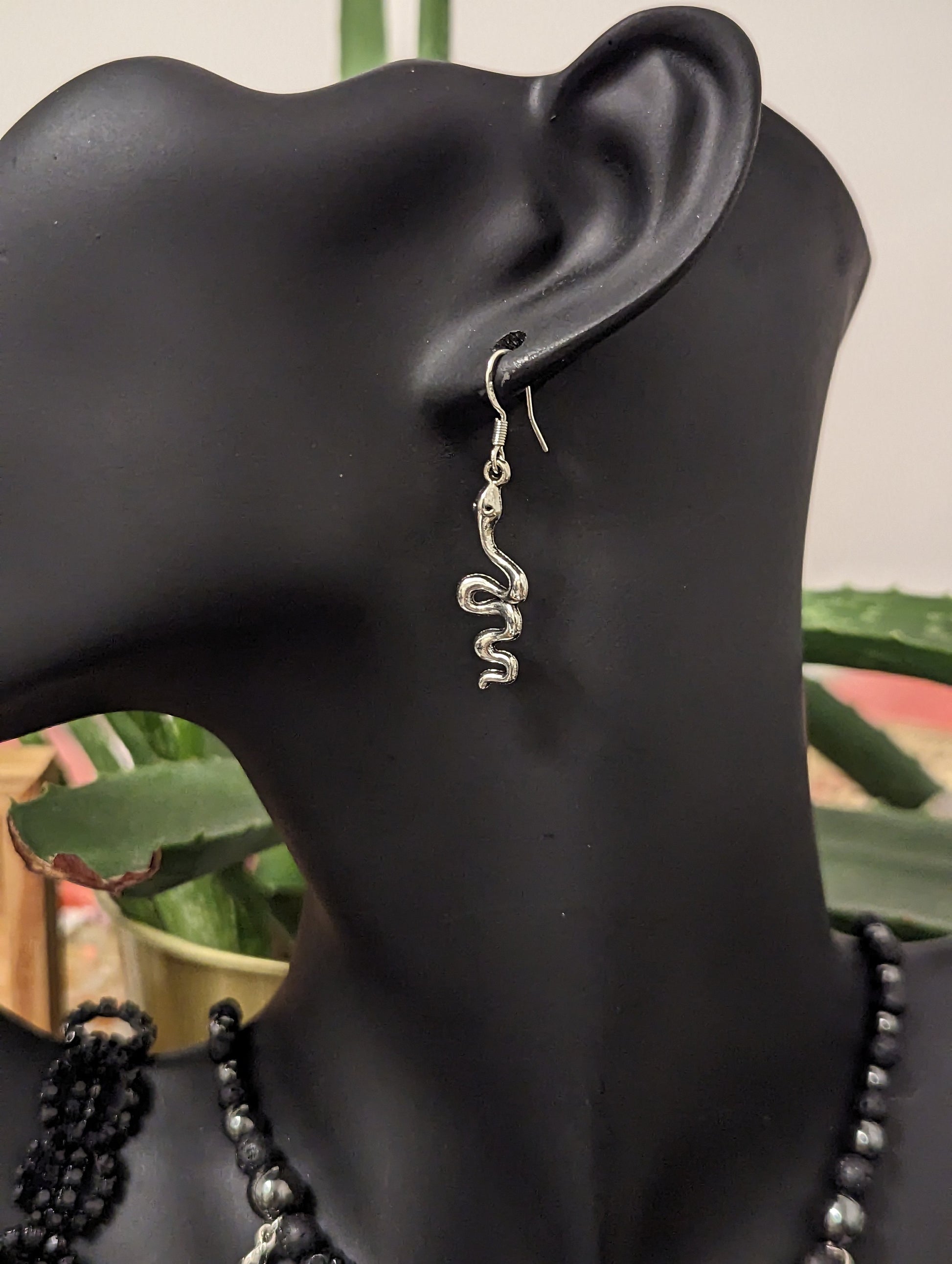 Snakes Goth Set: 7 Silver Snake Pendants and Black Beaded Necklace, Silver Snake Earrings and Black Shimmering Bracelet