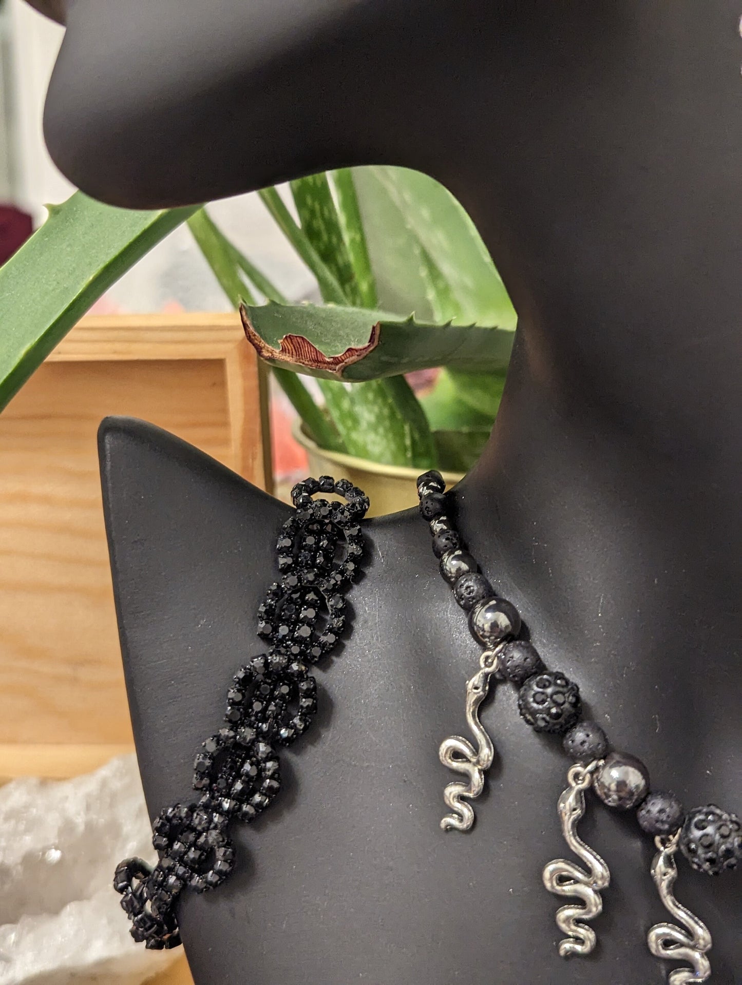 Snakes Goth Set: 7 Silver Snake Pendants and Black Beaded Necklace, Silver Snake Earrings and Black Shimmering Bracelet