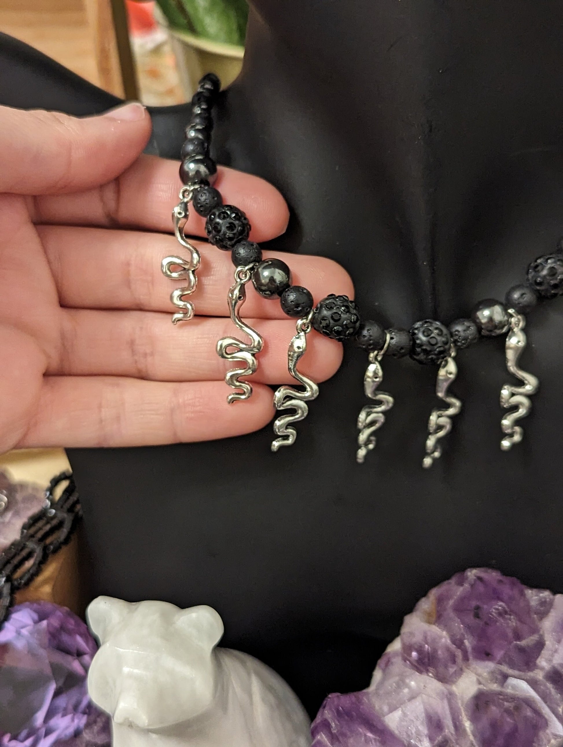 Snakes Goth Set: 7 Silver Snake Pendants and Black Beaded Necklace, Silver Snake Earrings and Black Shimmering Bracelet