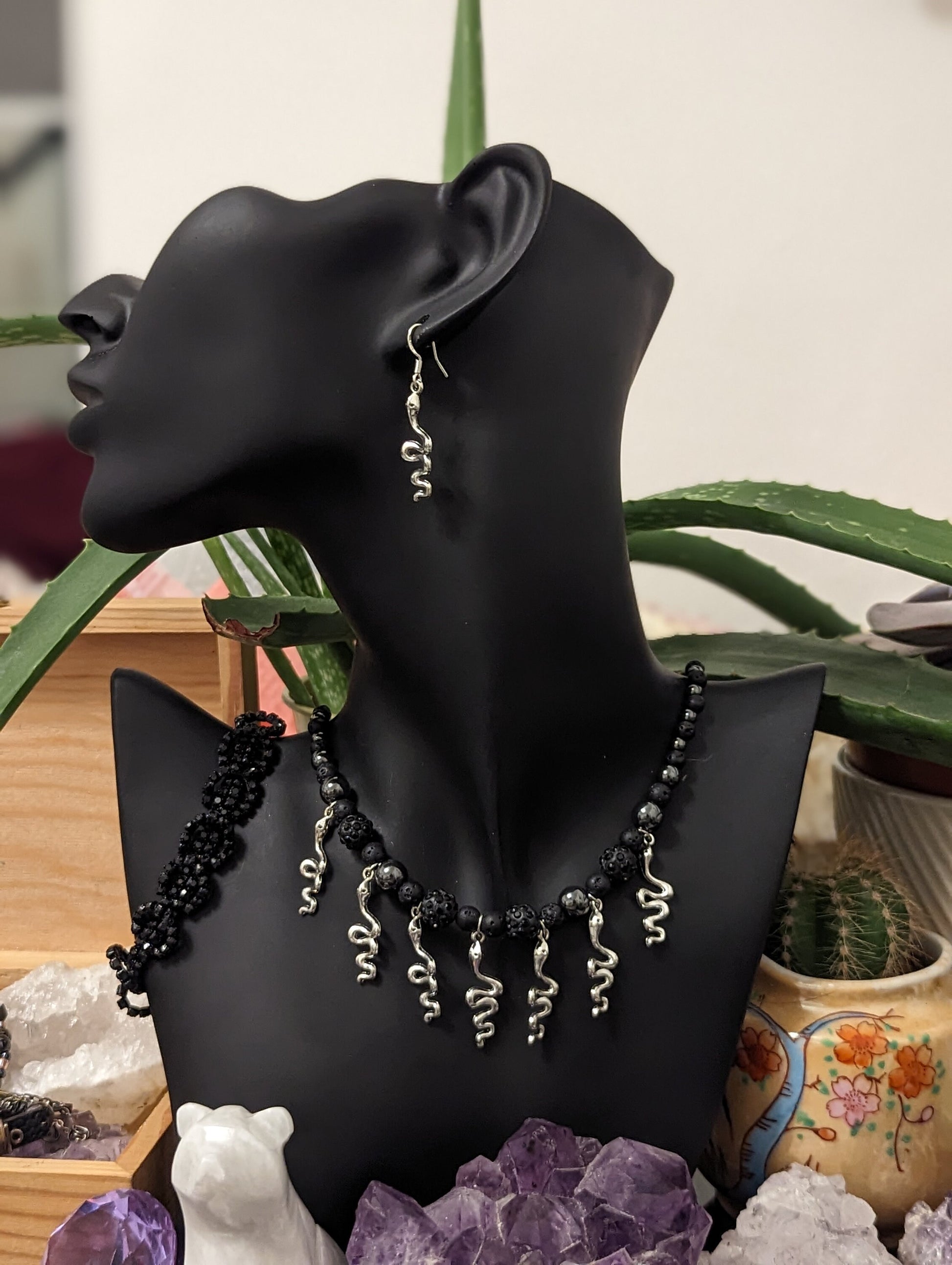 Snakes Goth Set: 7 Silver Snake Pendants and Black Beaded Necklace, Silver Snake Earrings and Black Shimmering Bracelet