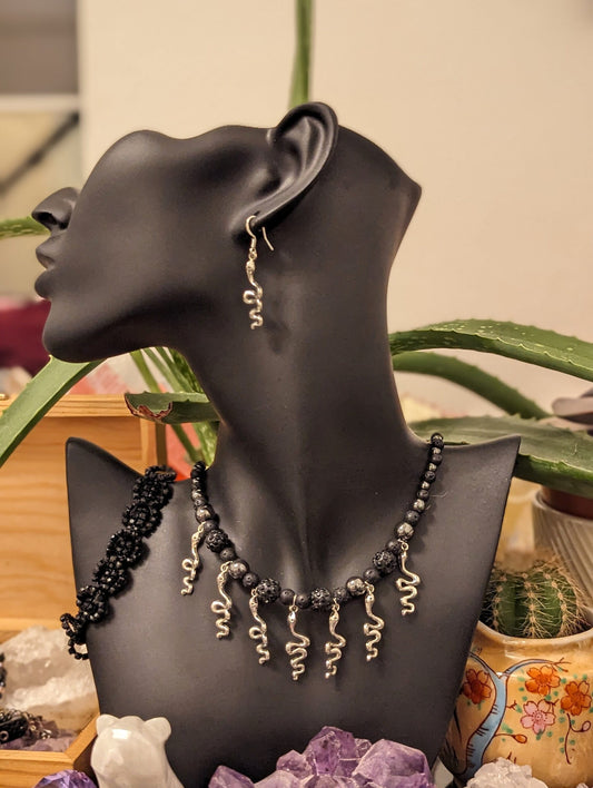 Snakes Goth Set: 7 Silver Snake Pendants and Black Beaded Necklace, Silver Snake Earrings and Black Shimmering Bracelet