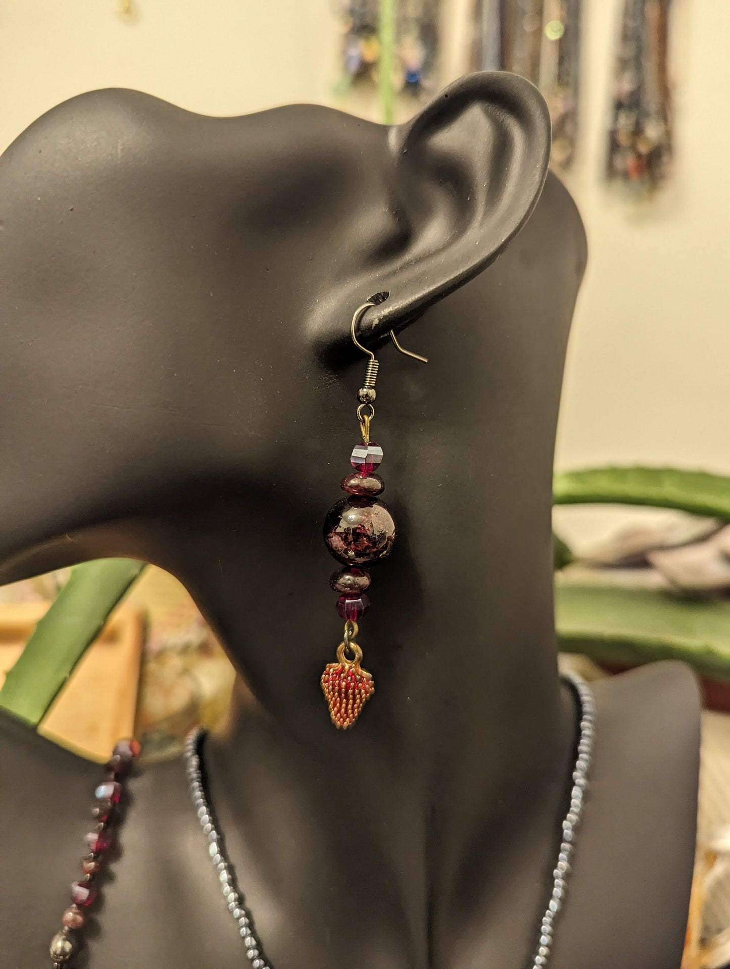 Garnet Set: Necklace with 5 Garnet Dark Gemstone Round Large Beads, Garnet Drop Earrings with Strawberry Pendants and Garnet Beaded Bracelet