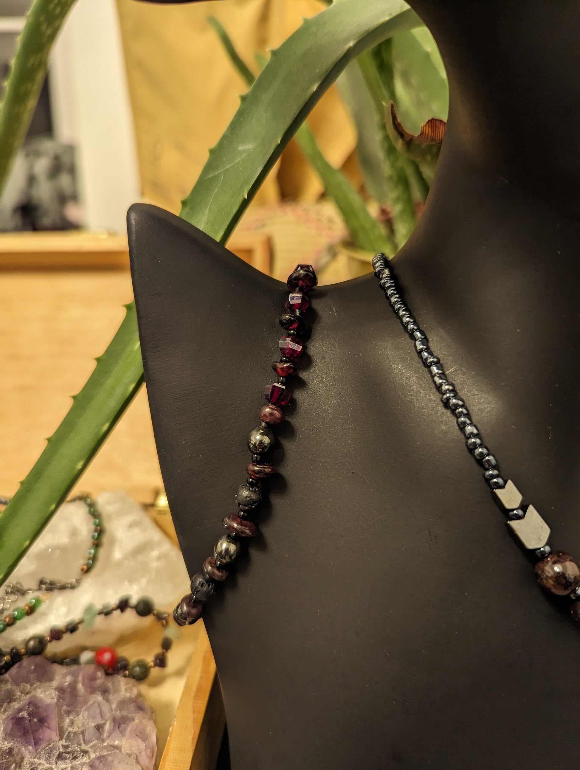 Garnet Set: Necklace with 5 Garnet Dark Gemstone Round Large Beads, Garnet Drop Earrings with Strawberry Pendants and Garnet Beaded Bracelet